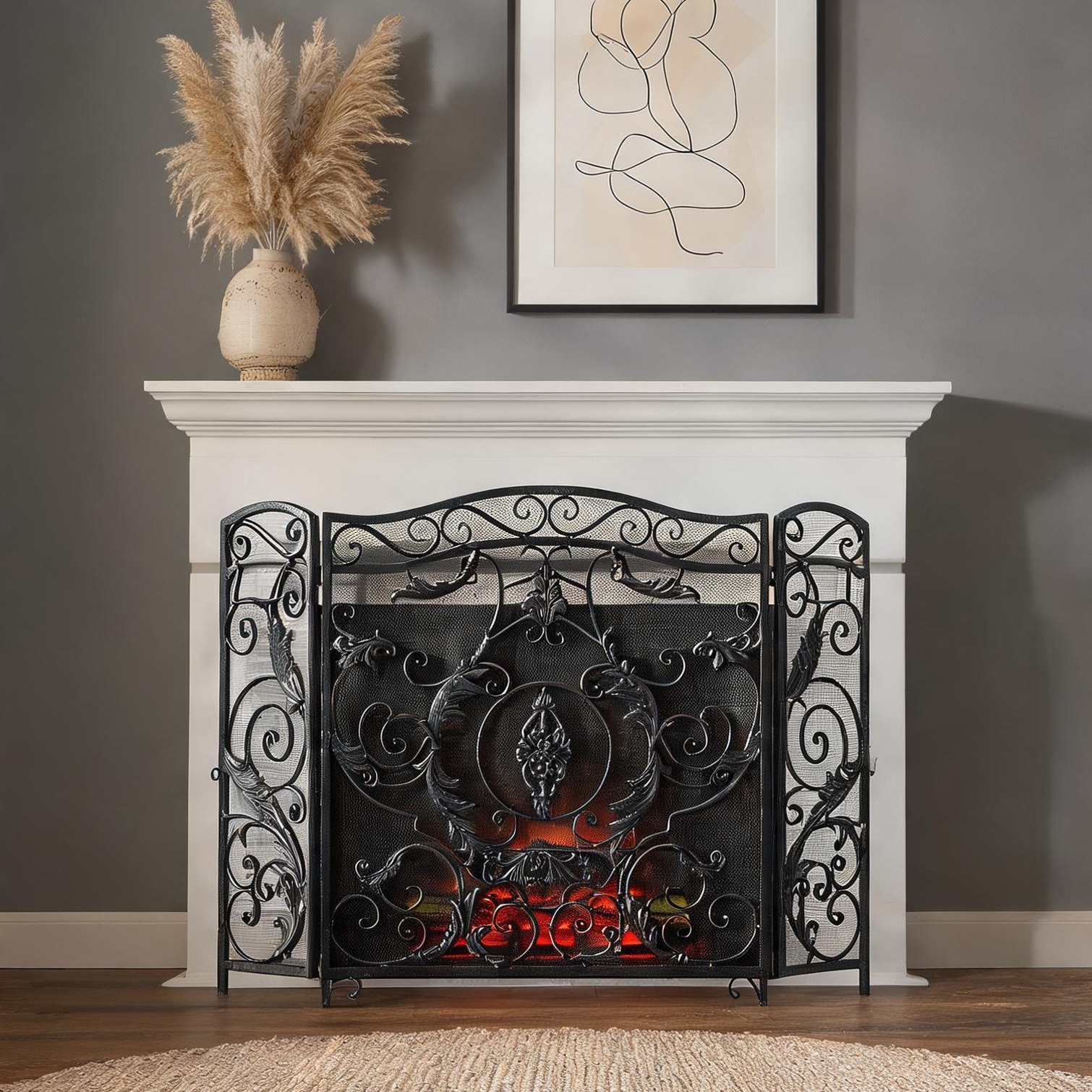 SunJet Wrought Iron Three-Panel Fireplace Screen with Black-Toned Silver Finish 53.5-Inch Wide Traditional Floral Design for Indoor Hearth