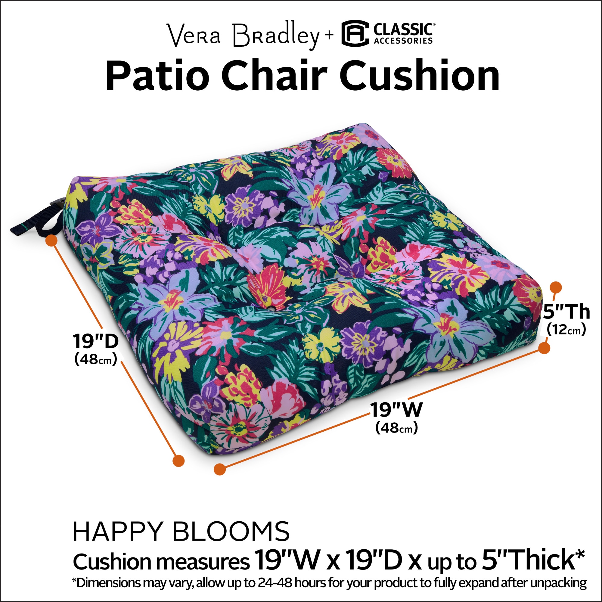Happy Blooms Water-Resistant Outdoor Patio Chair Cushions, 19" x 19", 2-Pack