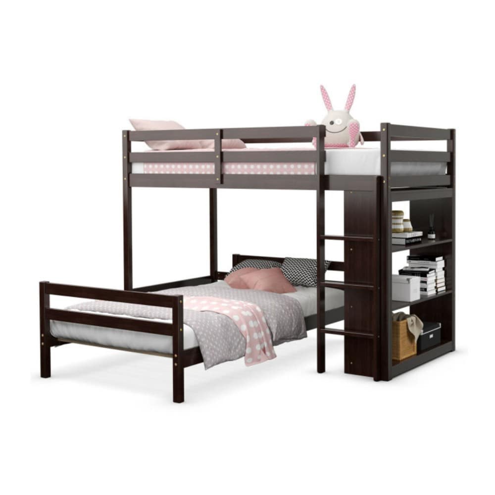 Fenbeli Twin Over Twin Loft Bunk Bed with Built In Bookcase and Storage