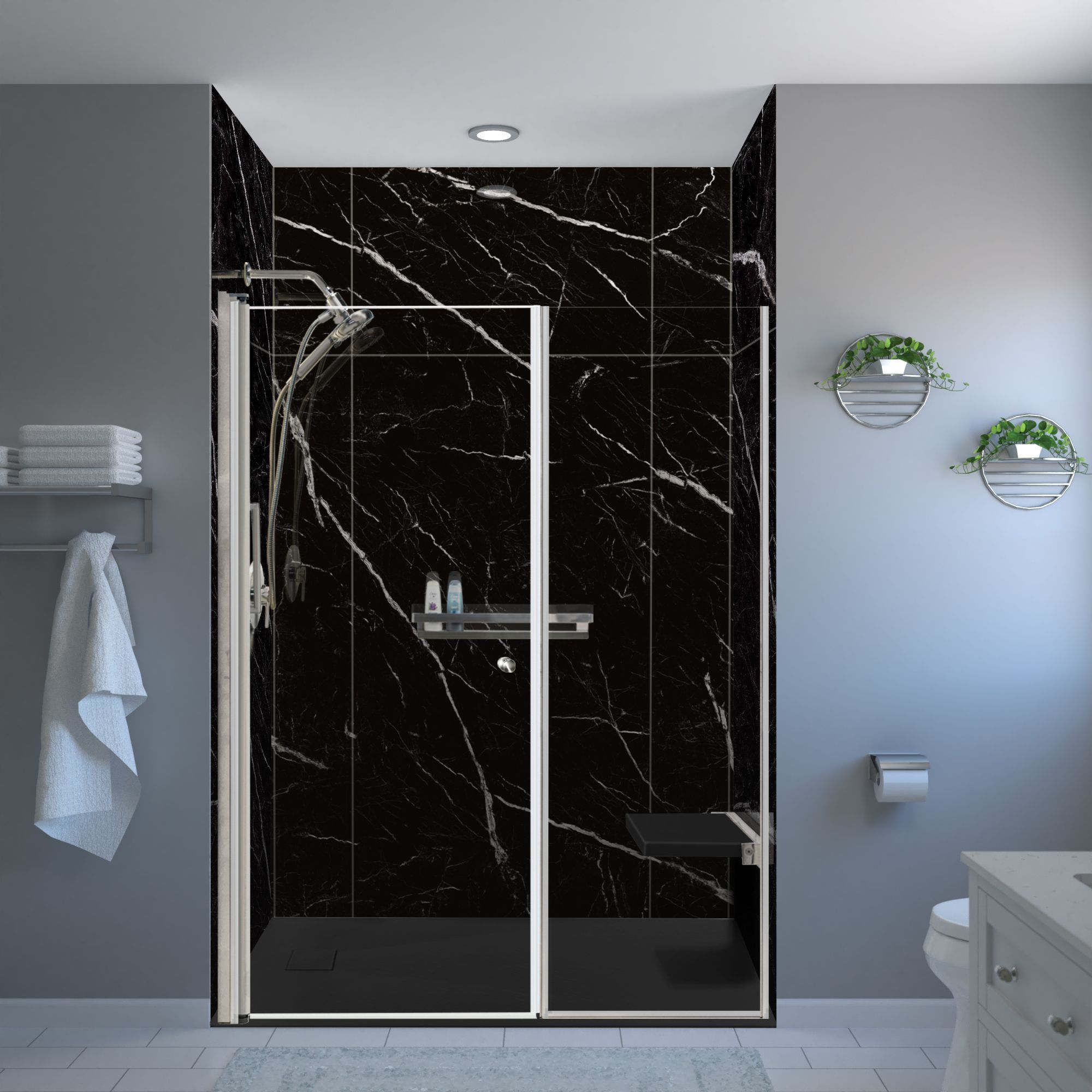 Transolid TWWCSK603296-KI03GBS 13 -Piece 32-in W x 60-in L x 96-in H Rectangular Alcove shower kit ( with Folding Seat Base, Wall, Door and Drain Included Brushed stainless steel Hardware Included