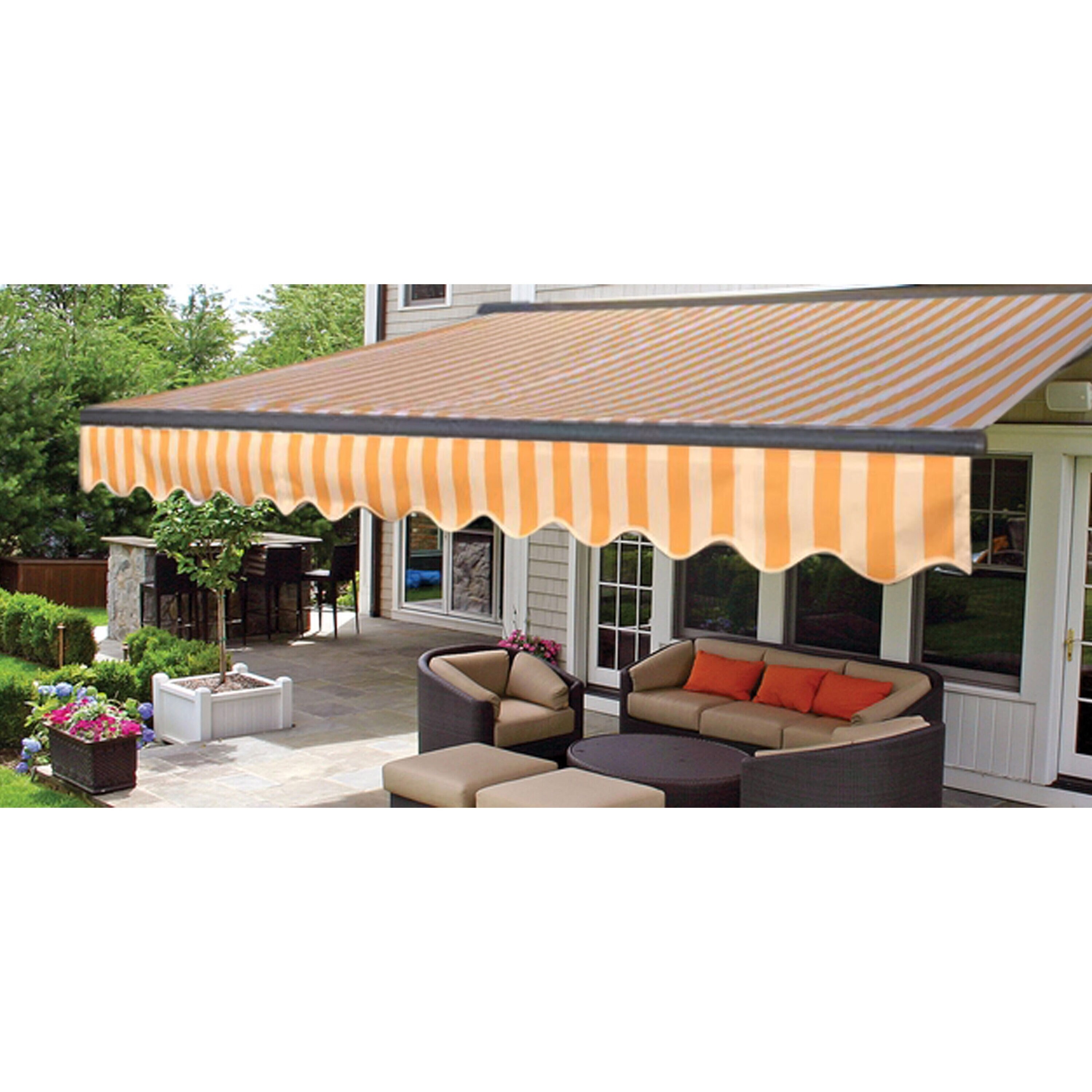 Yellow Striped Motorized Retractable Patio Awning with LED Lights