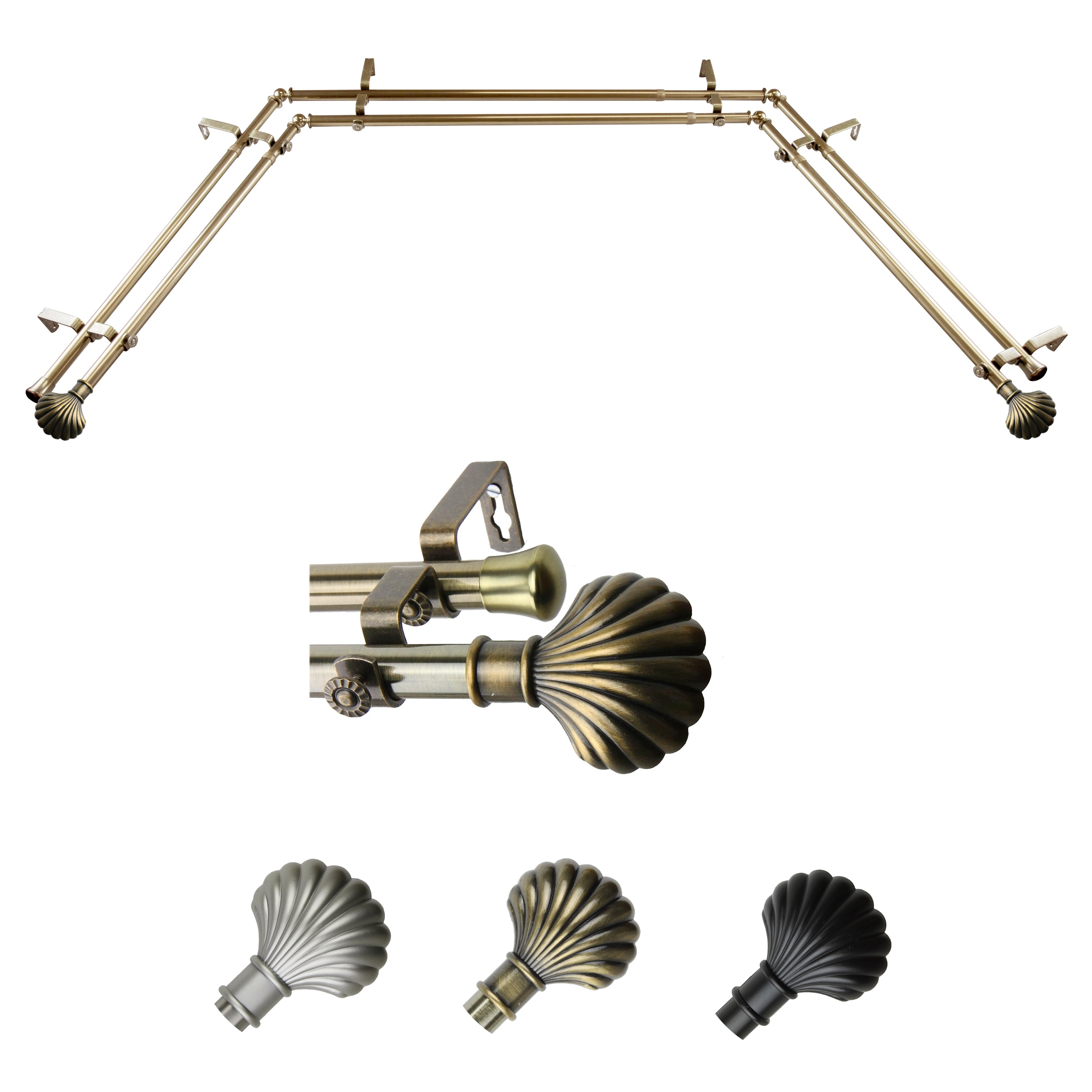 Hart & Harlow L-ABAY-23-4D Shelly 13/16-in Double Bay Antique brass Steel Bay window curtain rod with Finials