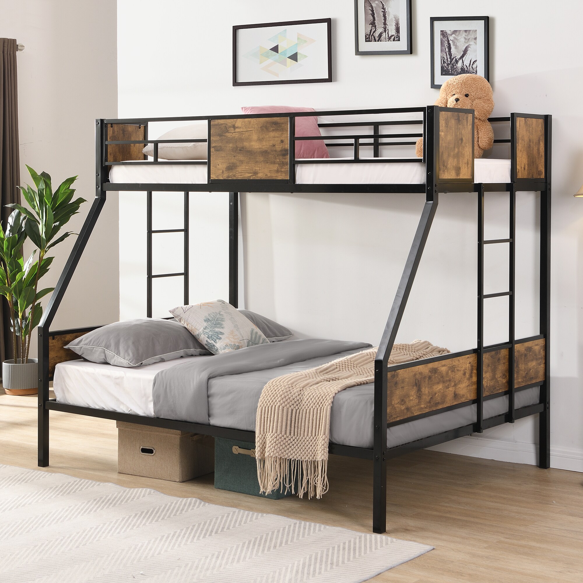 Tinyhomie Twin Over FULL Metal Bunk Bed with 2 Side Ladder and Full ...