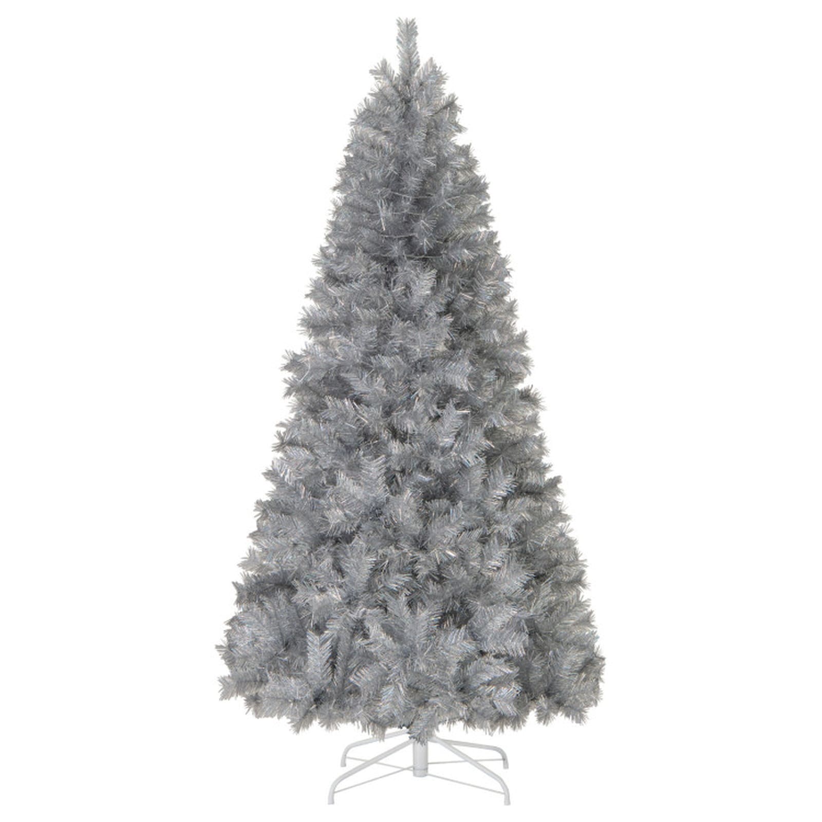 SUGIFT 7-ft Pre-Lit Artificial Christmas Tree with 807 Silver Tinsel Branch Tips 400 Warm White LED Lights UL588 Certified Crossed Metal Base PVC Hinged Branches