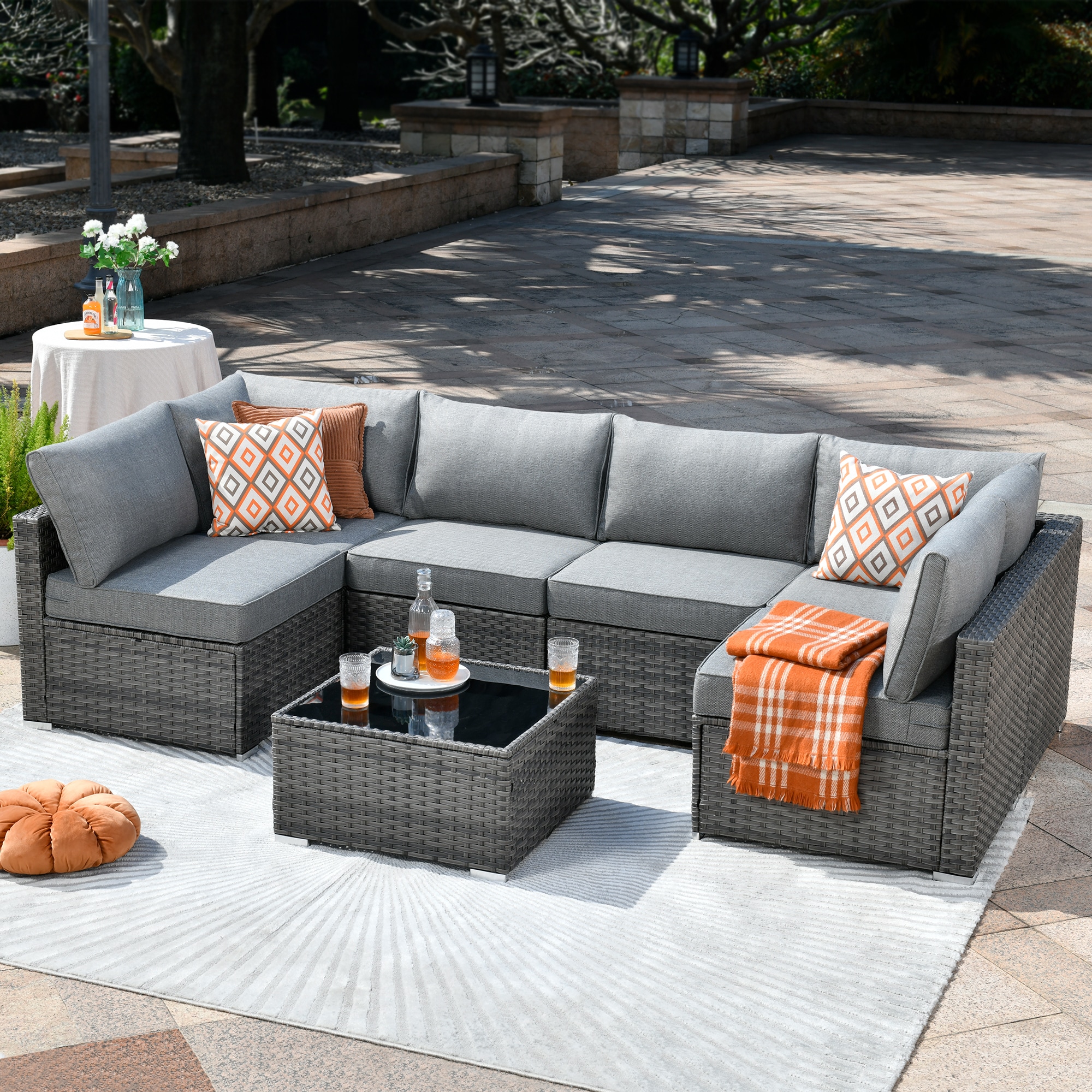 Pouuin Rattan Outdoor Sectional with Gray Cushion(S) and Wicker Frame ...