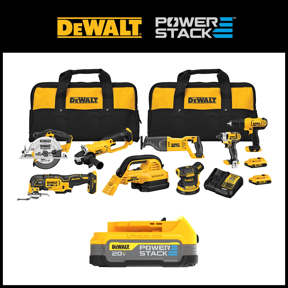 DEWALT 8-Tool 20-Volt Max Power Tool Combo Kit with Soft Case (2-Batteries and charger Included) & 20V MAX POWERSTACK Compact Battery