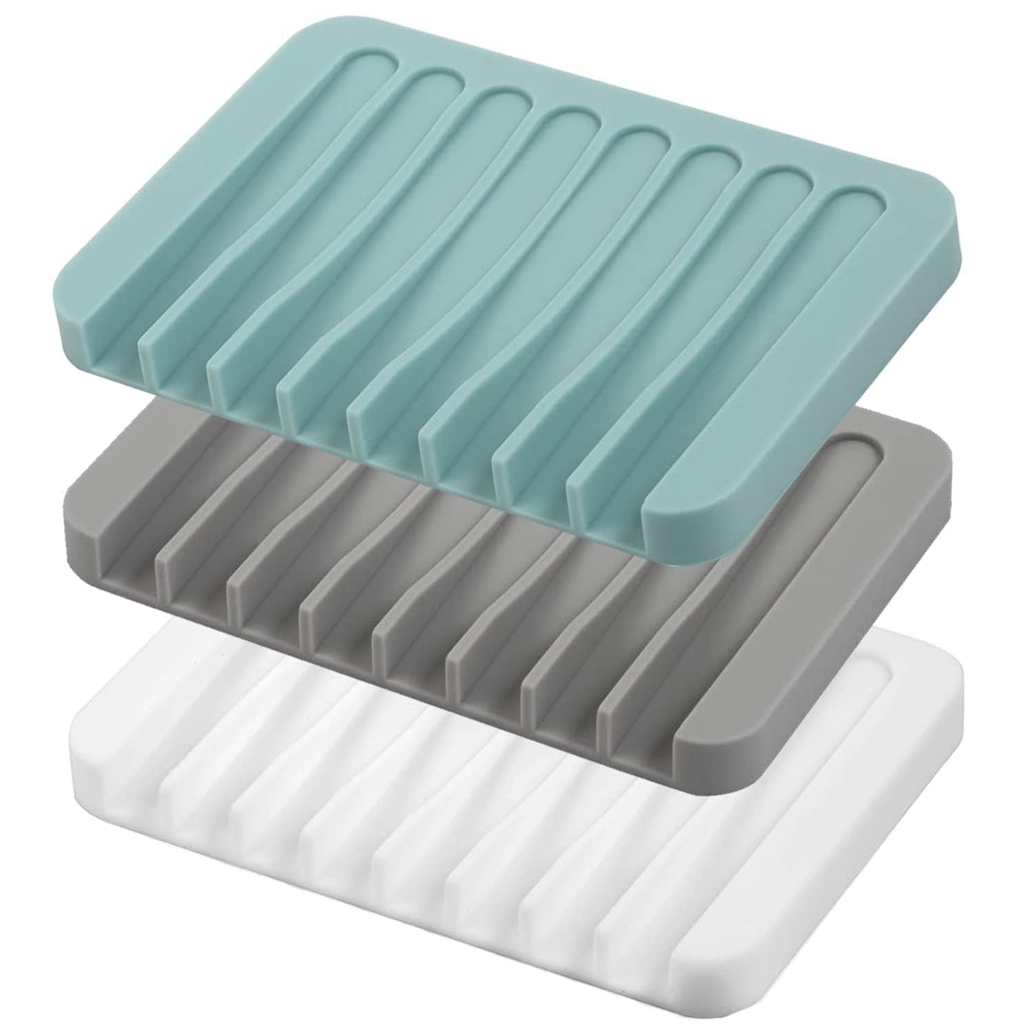 AOIZGMY Self Draining Soap Dish Silicone Soap Saver Waterfall Drainer Holder for Bathroom Shower Kitchen 3 pcs Keeps Soap Dry Clean White Gray #L05AZ08100