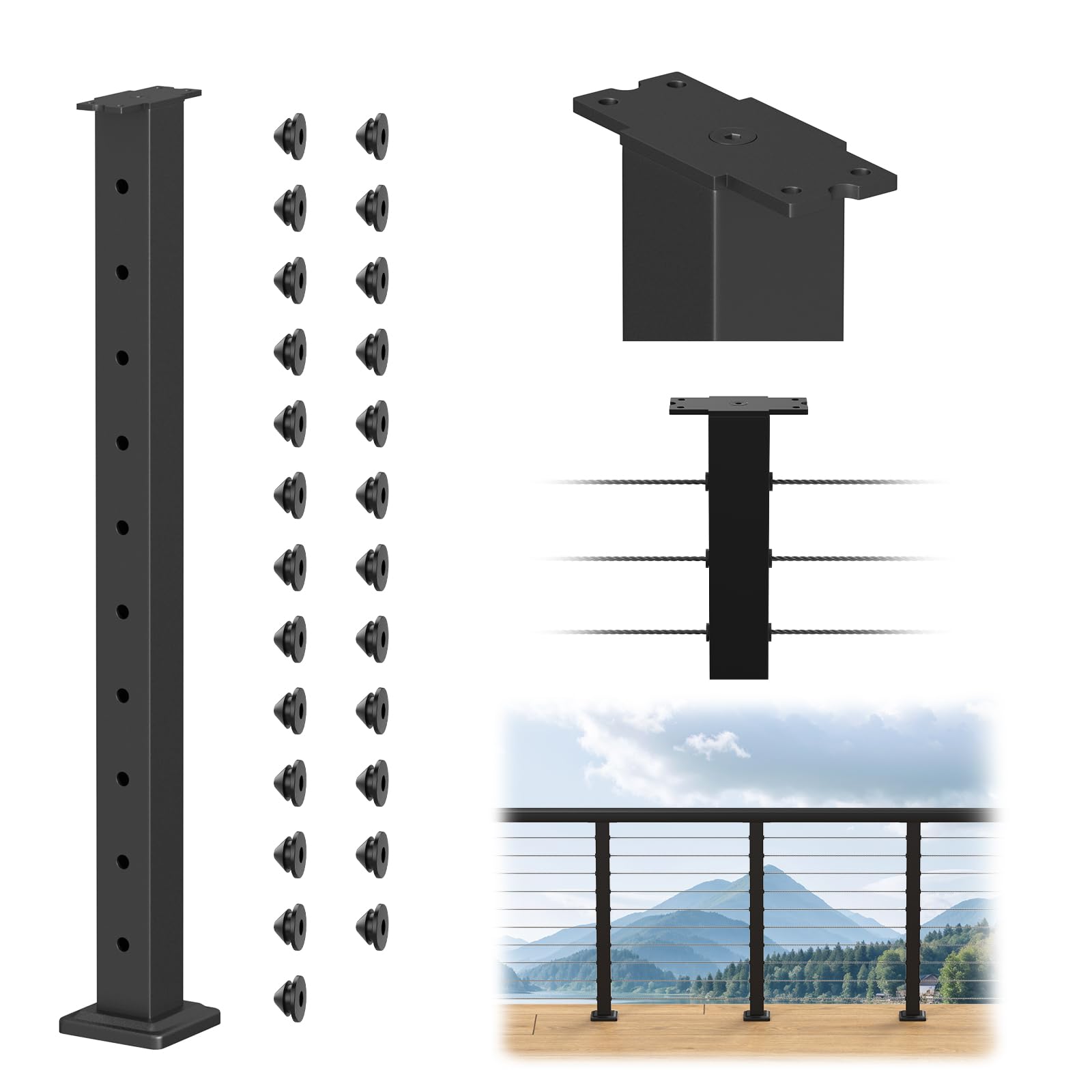 Misopily  Cable Railing Post Kit 8FT to 16FT Black Level Drilled Deck Posts Swageless System 3 Pack Set 200FT Stainless Steel Cable for Indoor