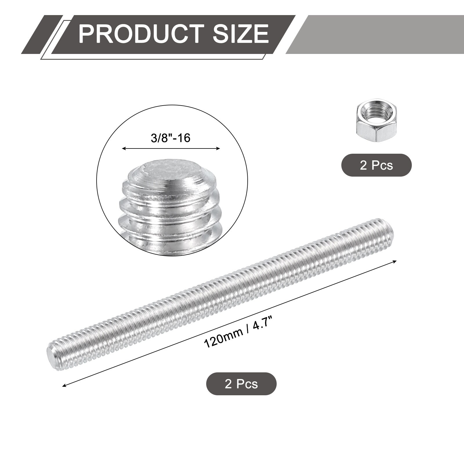 Unique Bargains 3/8inch-16 Fully All Threaded Rod 2pcs 304 Stainless ...