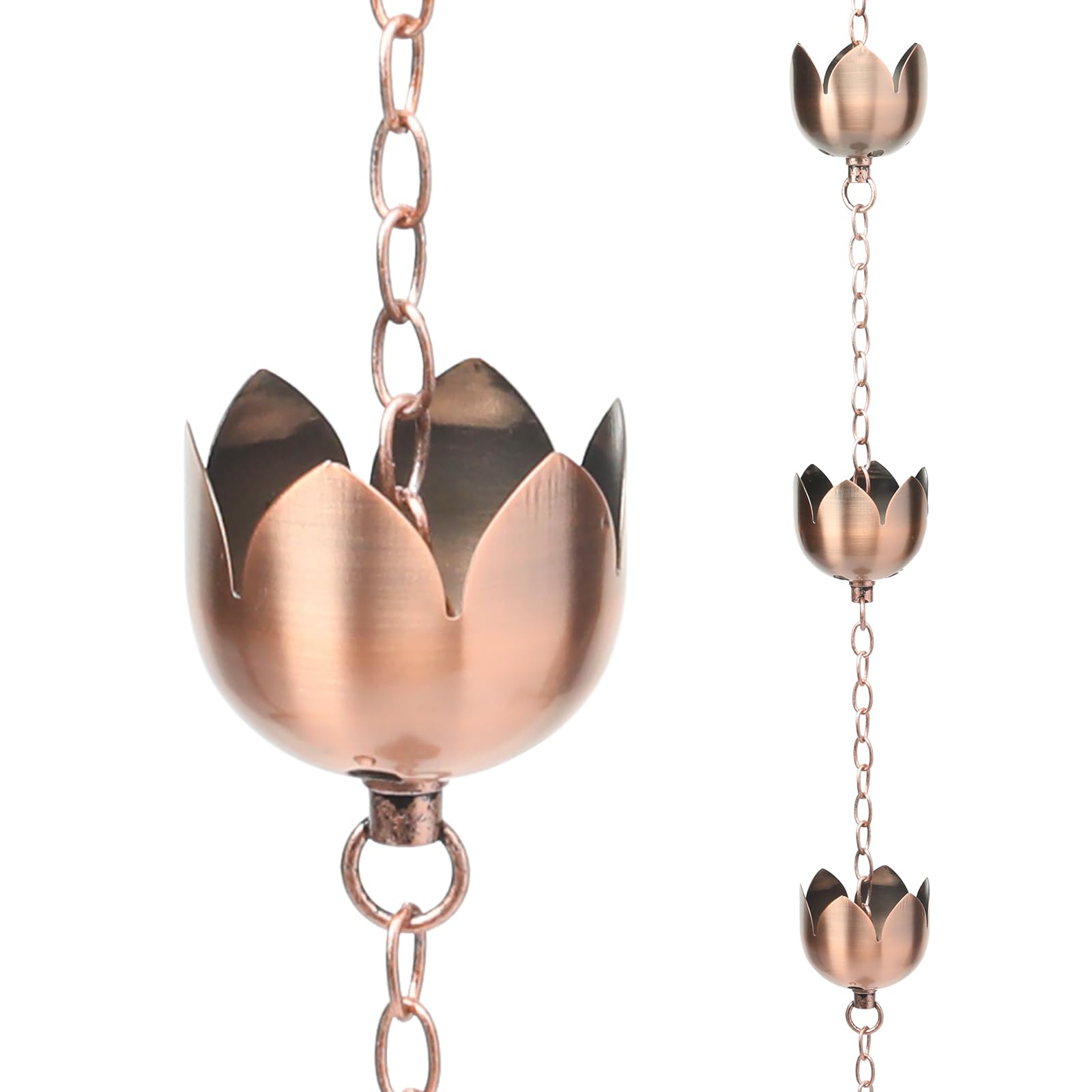 Afoxsos  Rain Chain Set 5 Point 28 Foot Lotus Cup Copper Finish for Gutters Decorative Water Diverter with 8 Cups Rose Gold Outdoor Garden Accent