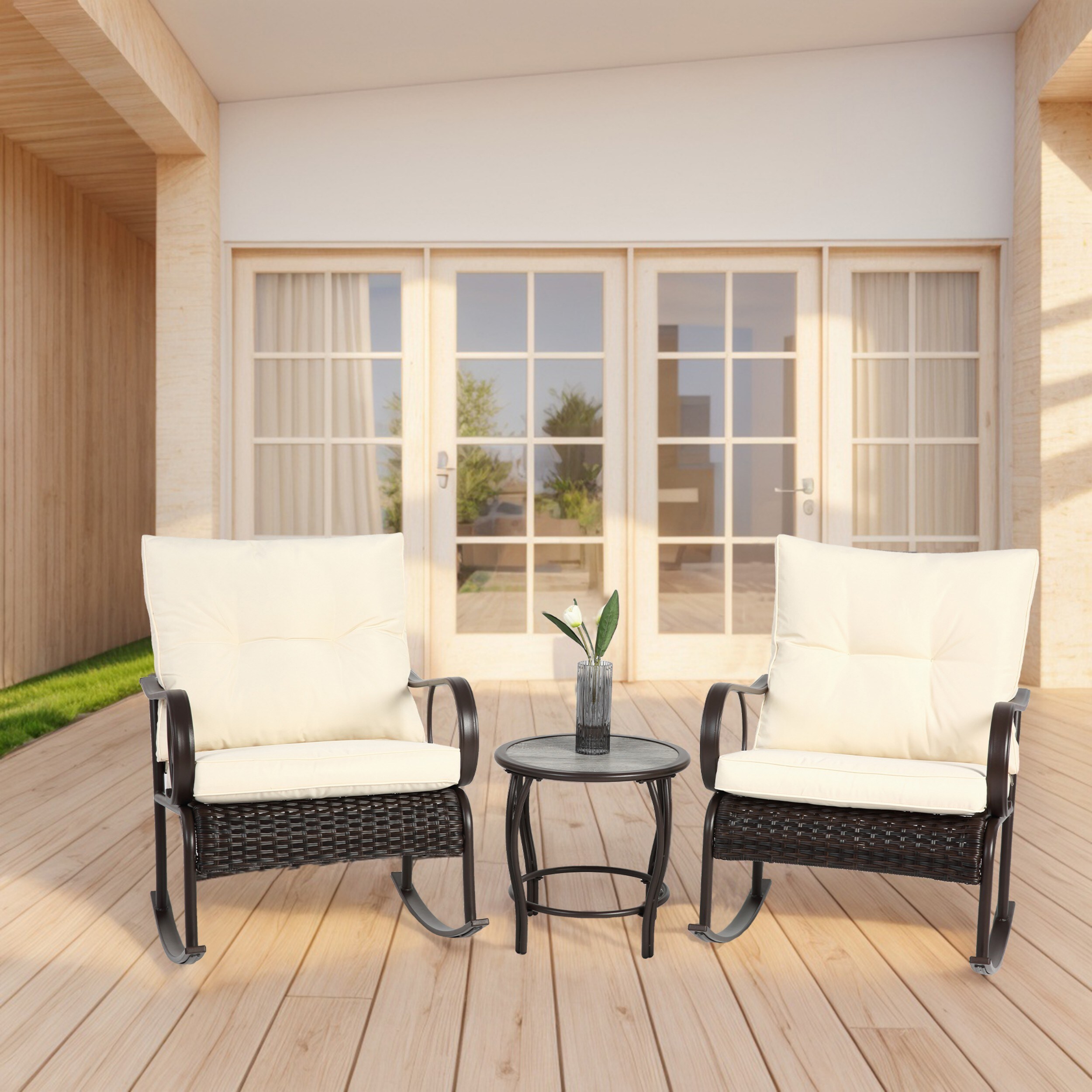 LOVMOR SF-R-P256784 3 Pieces Outdoor Rattan Conversation Set for Garden Balcony Backyard Poolside