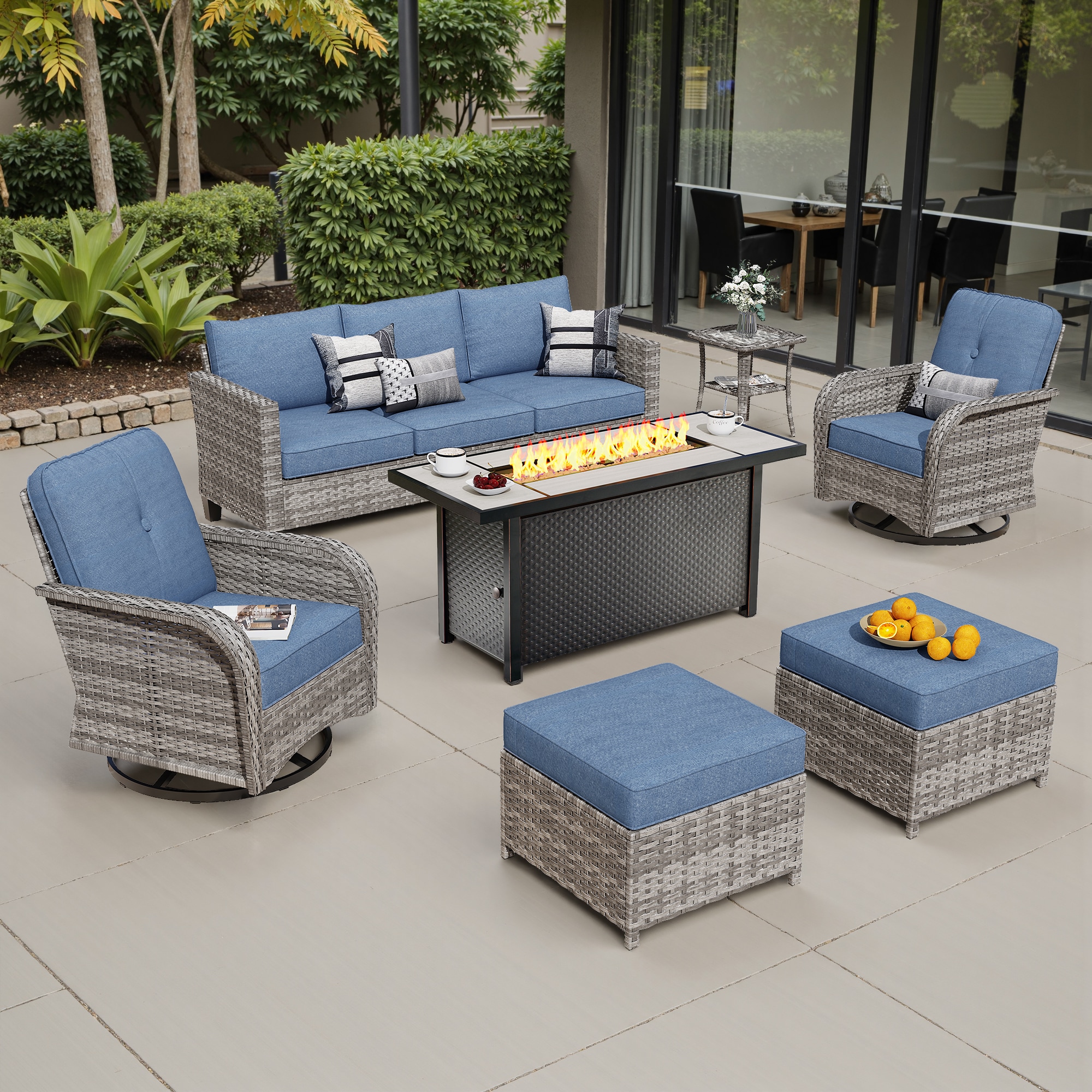 weaxty HMBCFP54YZGNCGNTC307 Initial 7 -Piece Wicker Patio Sofa Conversation Set with Blue Cushions