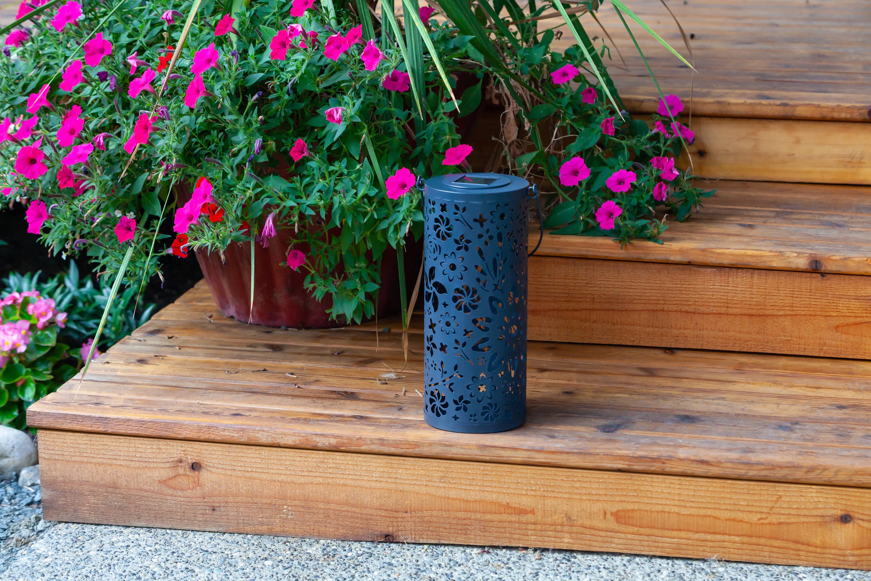 Midnight Blue Floral Punched Metal Solar Lantern