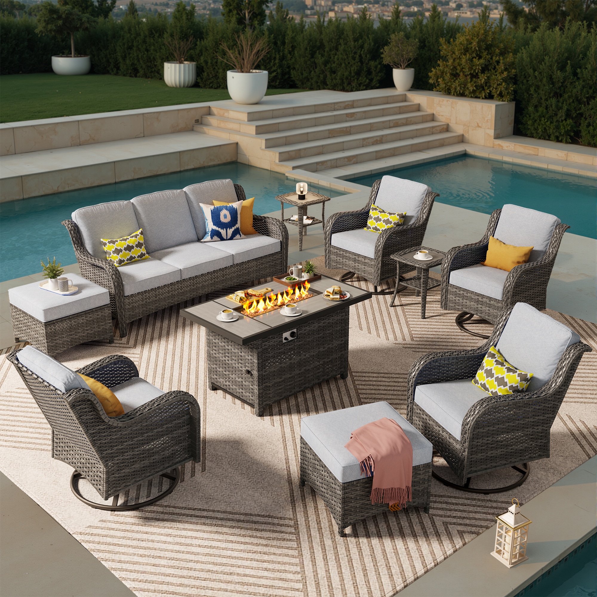 Pouuin SRFPYZGNTC4-9 10 -Piece Wicker Patio Sofa Conversation Set with Gray Cushions