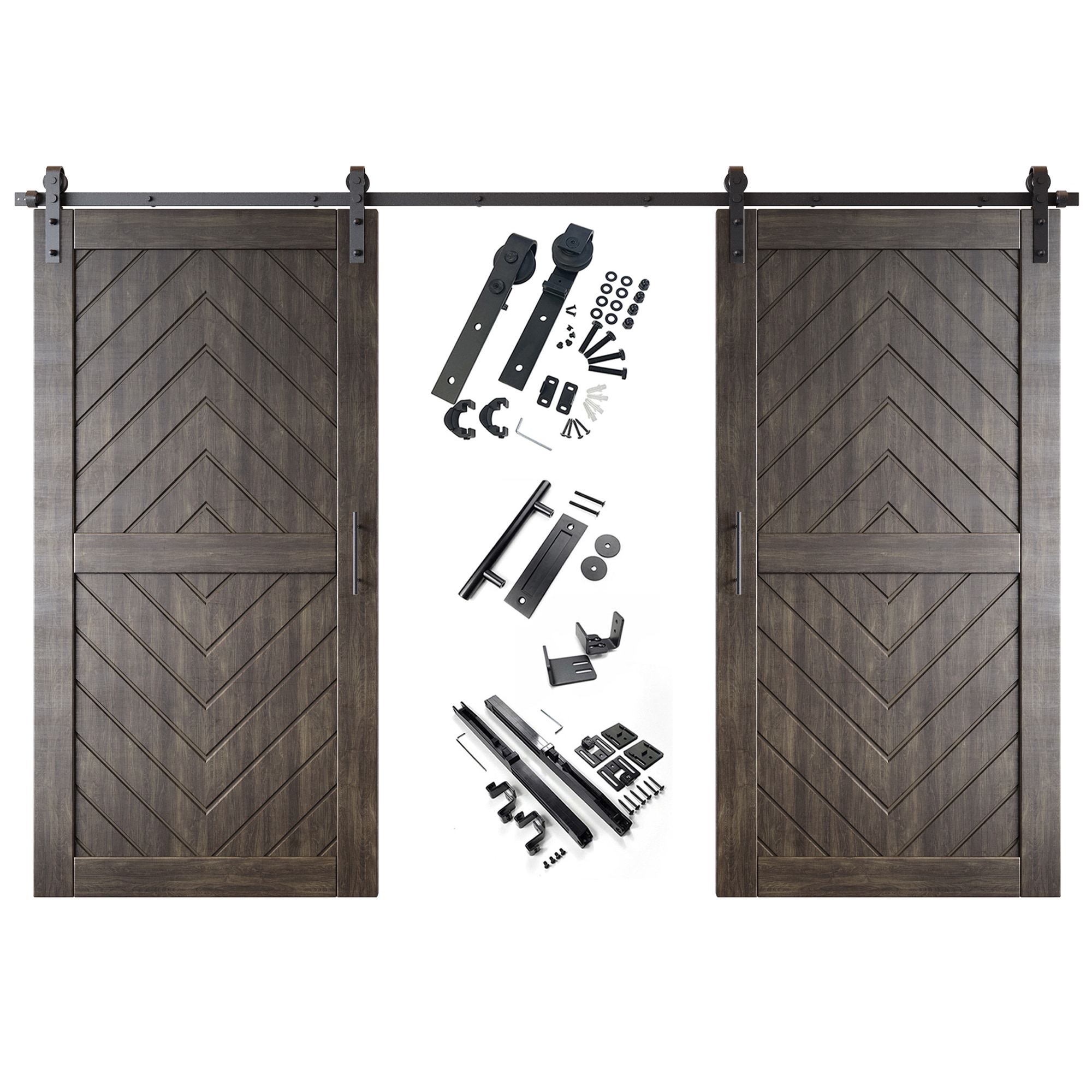 HOMACER YT2H168C-JT2-4080-EB 40-in x 80-in Ebony Herringbone Pine Wood Solid core Double Barn Door (Hardware Included)