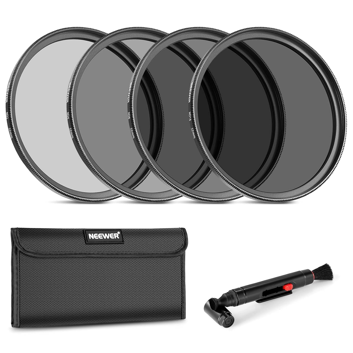 NEEWER 52mm Neutral Density Lens Filter Kit ND2 ND4 ND8 ND16 with Lens Cleaning Pen and Filter Pouch for DSLR Cameras