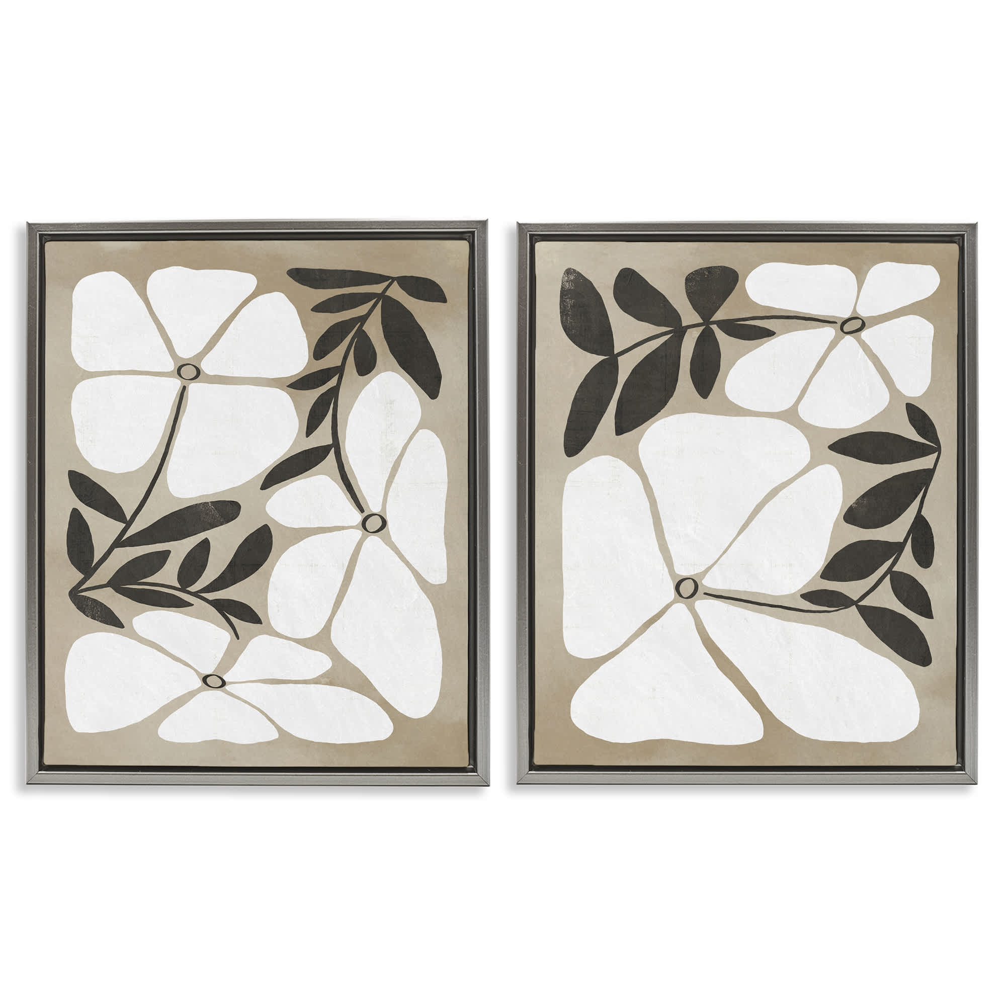 Stupell Industries B2-759-FFL-2PC-16X20 Neutral Bohemian Flowers 2 Piece Gray Framed Floater Canvas Set By Victoria Barnes 17 x 21
