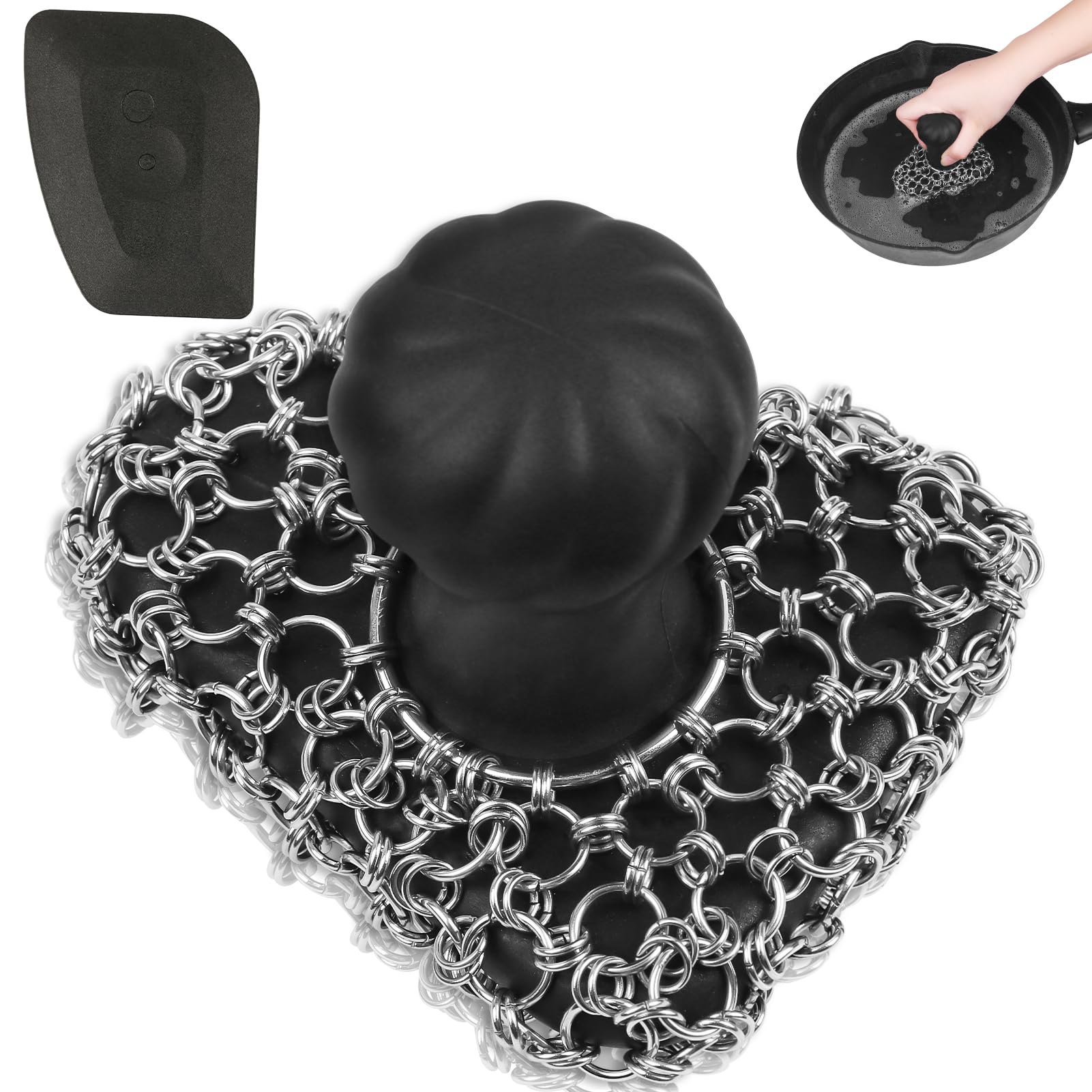 DHMHD  Cast Iron Scrubber with Handle and Scraper Kit for Pan Skillet Cleaning Durable Stainless Steel Chainmail and Silicone Grip