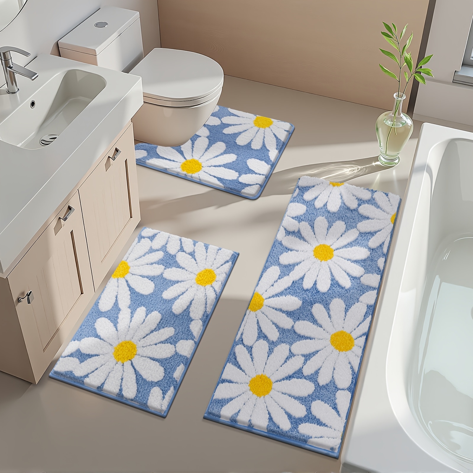 HEBE  Bathroom Rugs Sets 3 Piece-Non Slip Bathroom Mats Extra Soft Chenille Bath Rugs