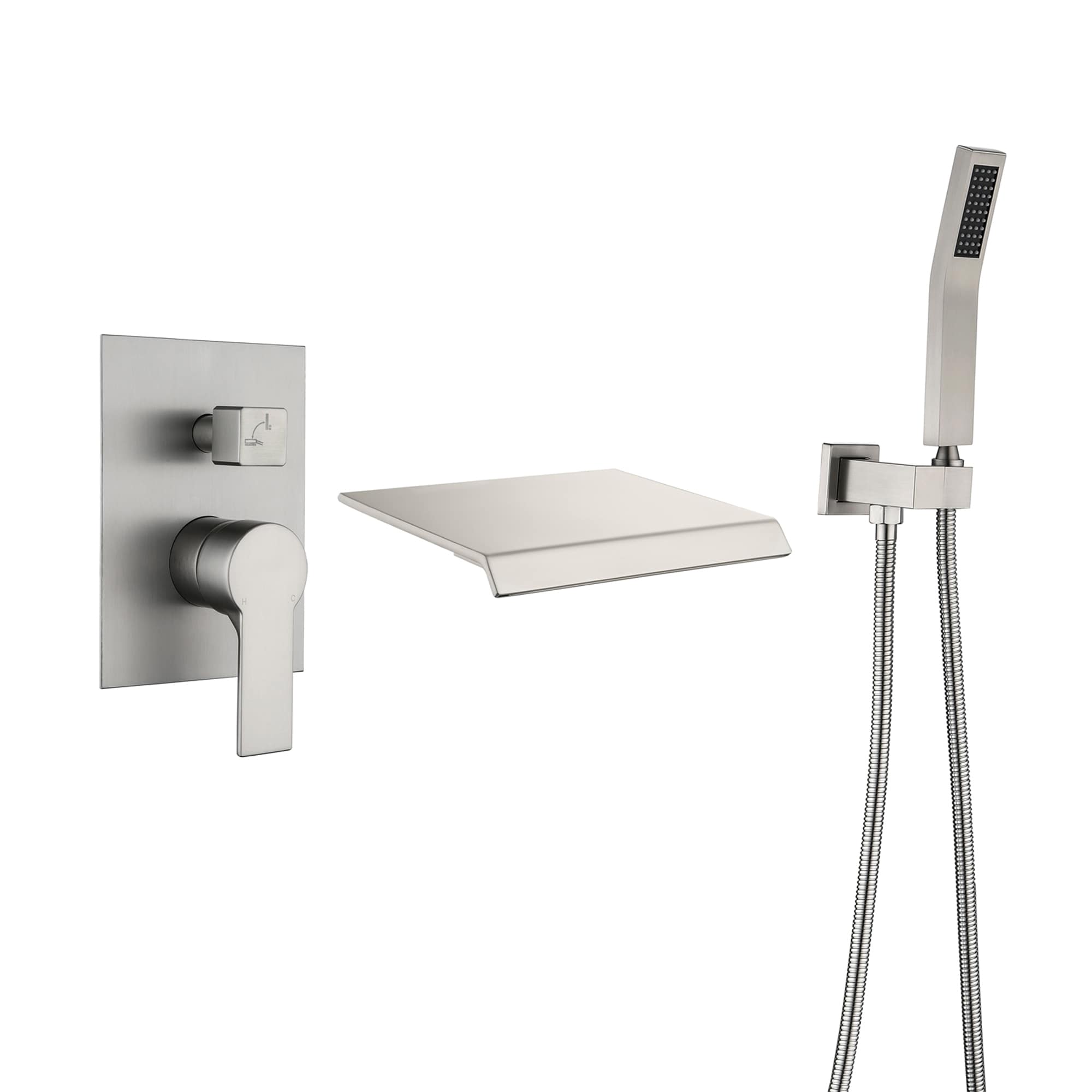 WELLFOR CR-P-WM-2W02BN Brushed Nickel 1-handle Wall-mount Waterfall Bathtub Faucet with Hand Shower ( Valve Included )