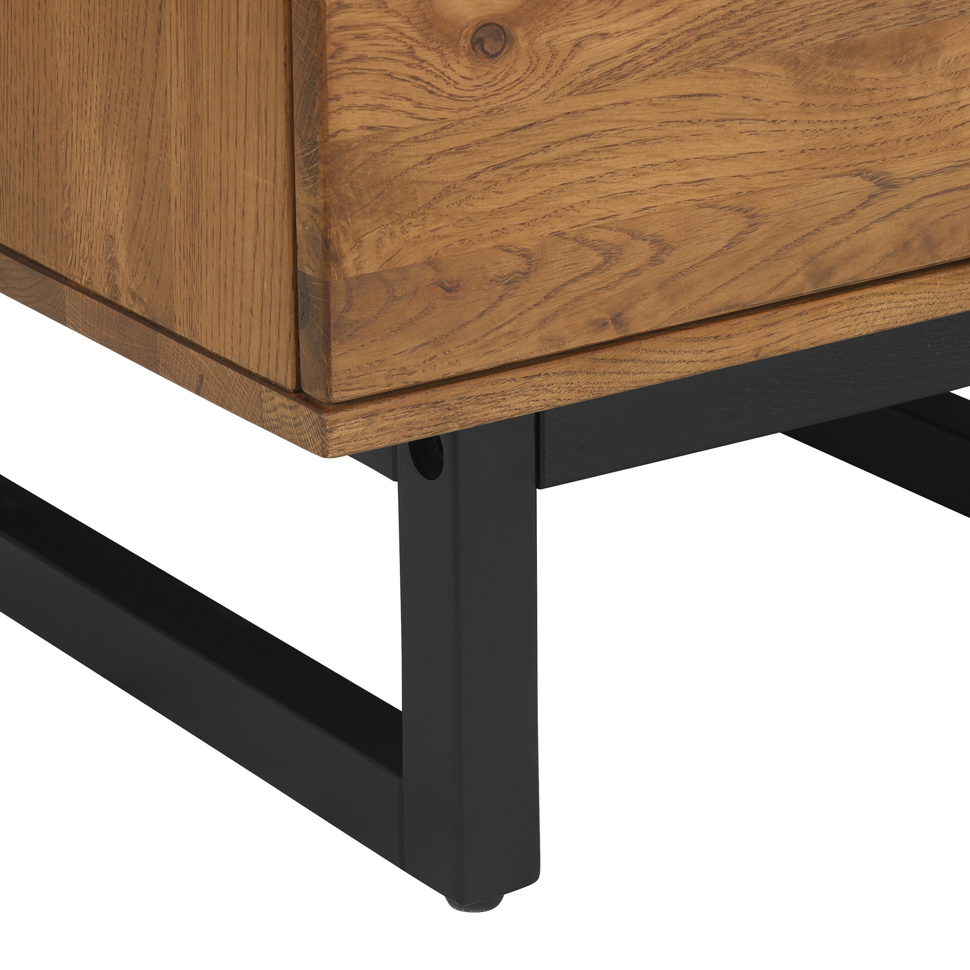 Brown Oak Wood Nightstand with Black Metal Base and Drawer