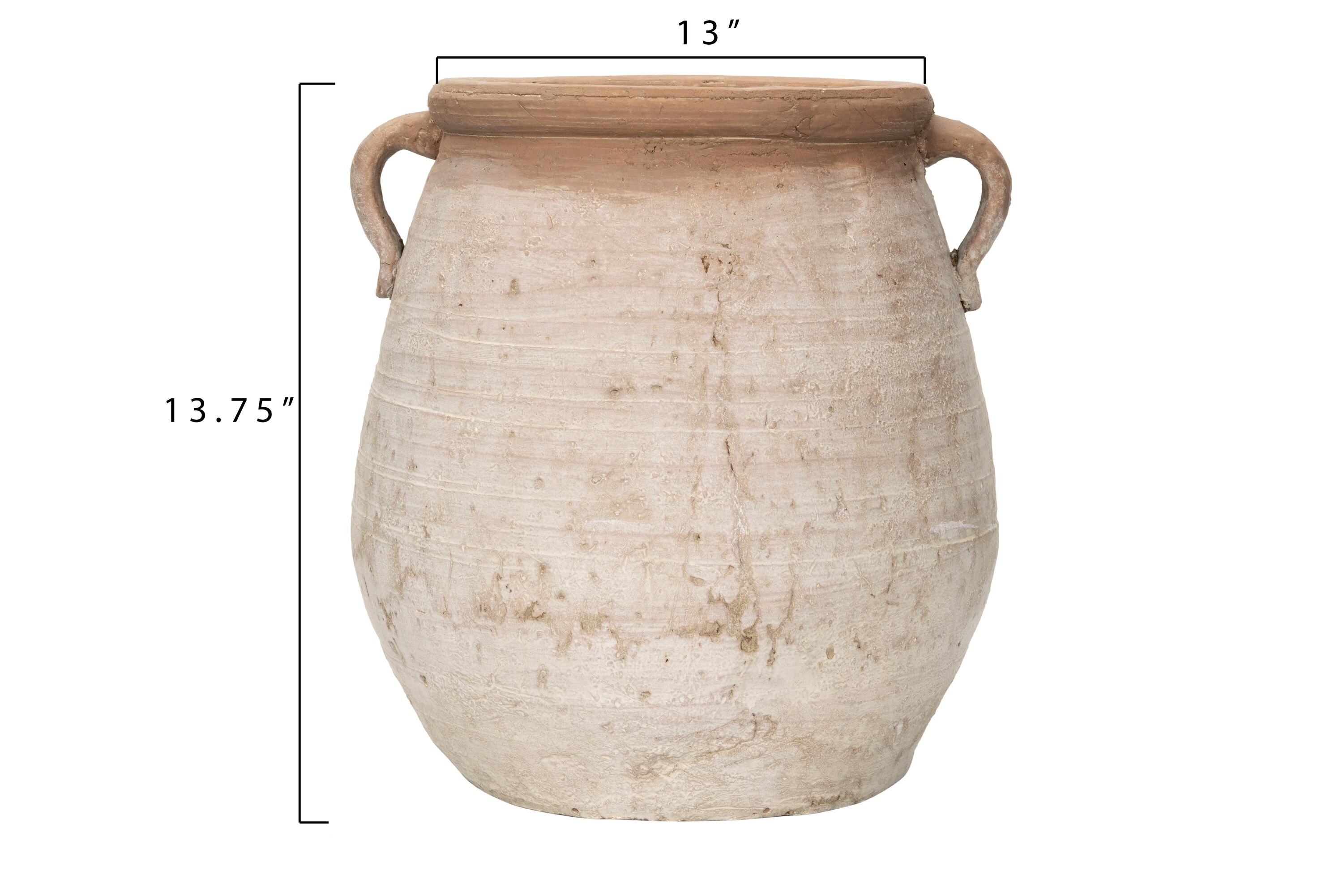 14" Orange and Whitewashed Terracotta Urn with Handles