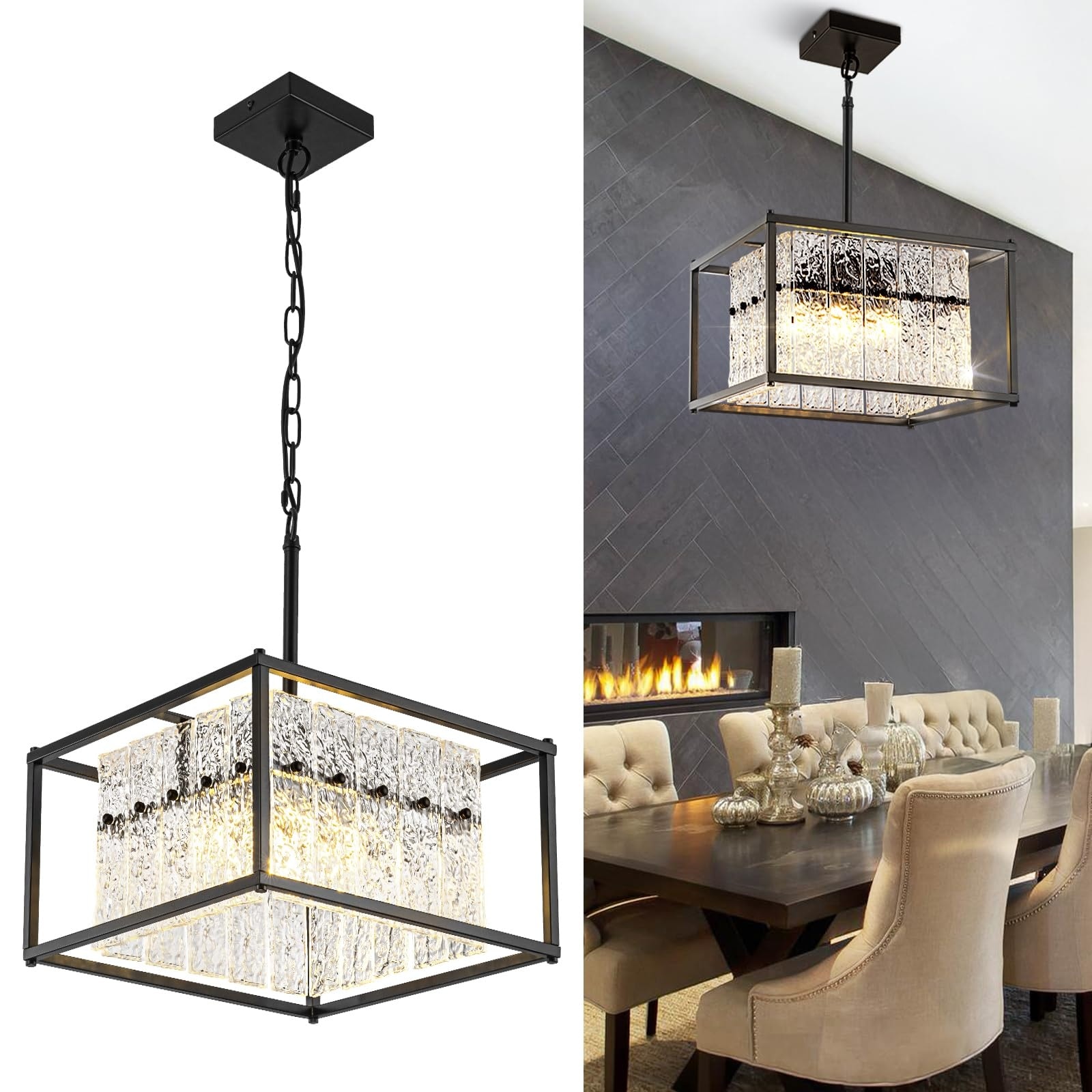 Vrbgify  Modern Black Crystal Pendant Light with Water Ripple Glass 4 Light Adjustable Height Dimmable Fixture for Kitchen Island Dining Room