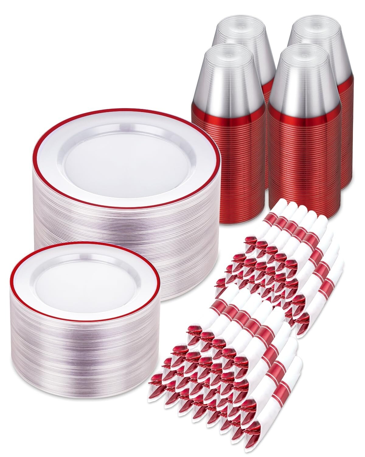 Anqtovp  700pcs Clear Red Disposable Plastic Dinnerware Set for 100 Guests Plates Cups Pre Rolled Napkins Cutlery for Party Wedding Birthday