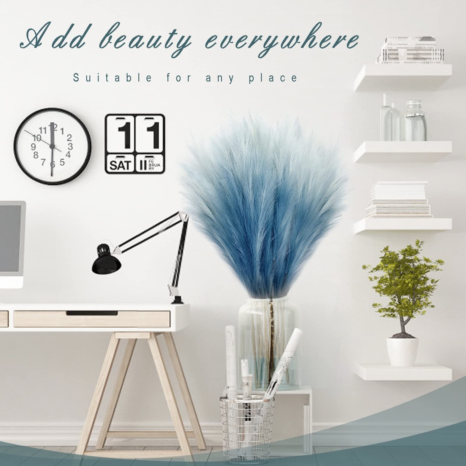 Aoibox  35 4 in Blue Faux Pampas Grass Stems Fluffy Artificial Bulrush Branches Boho Decor 8 Pack