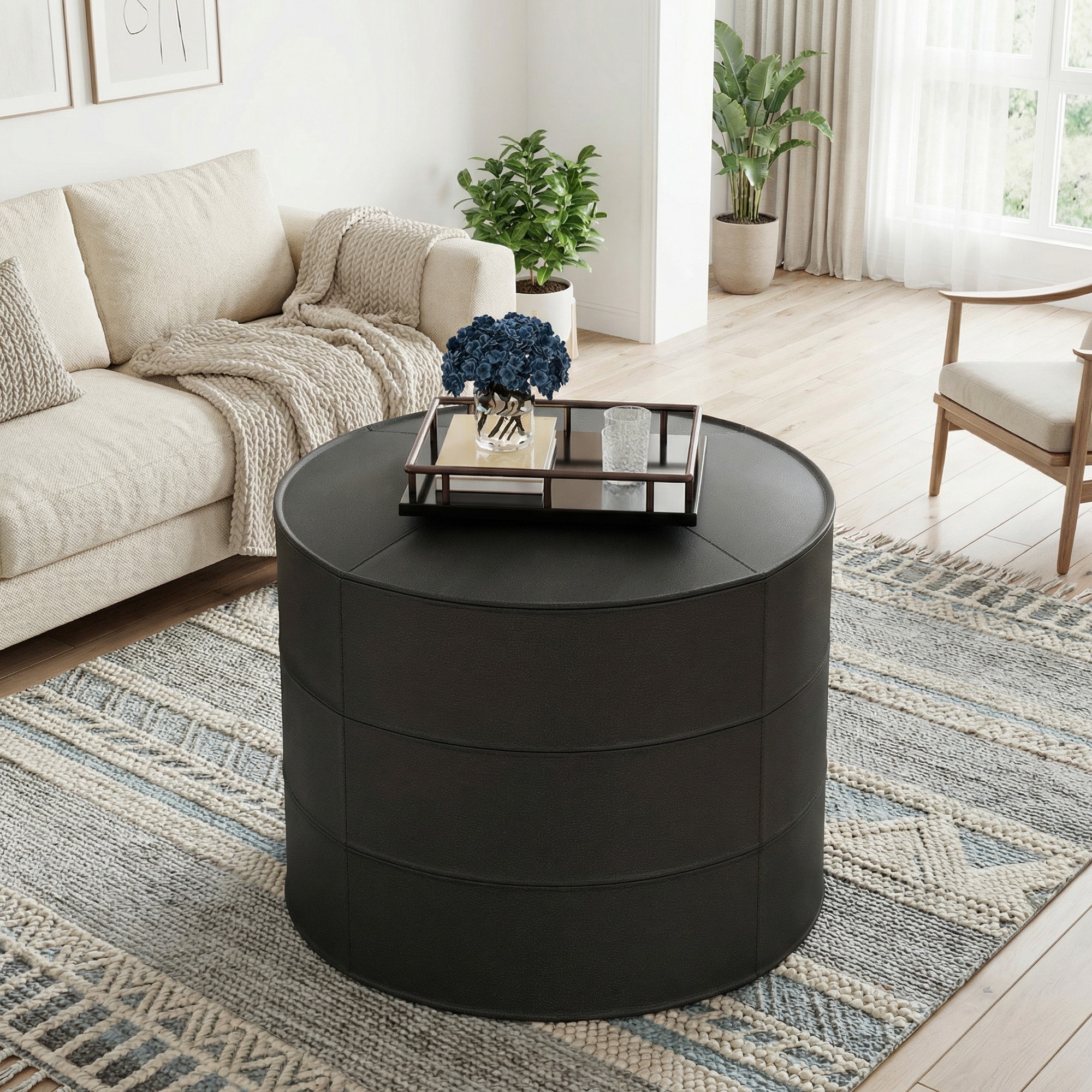 Czpalo Modern Round Leather Ottoman Black Pouf Ottoman