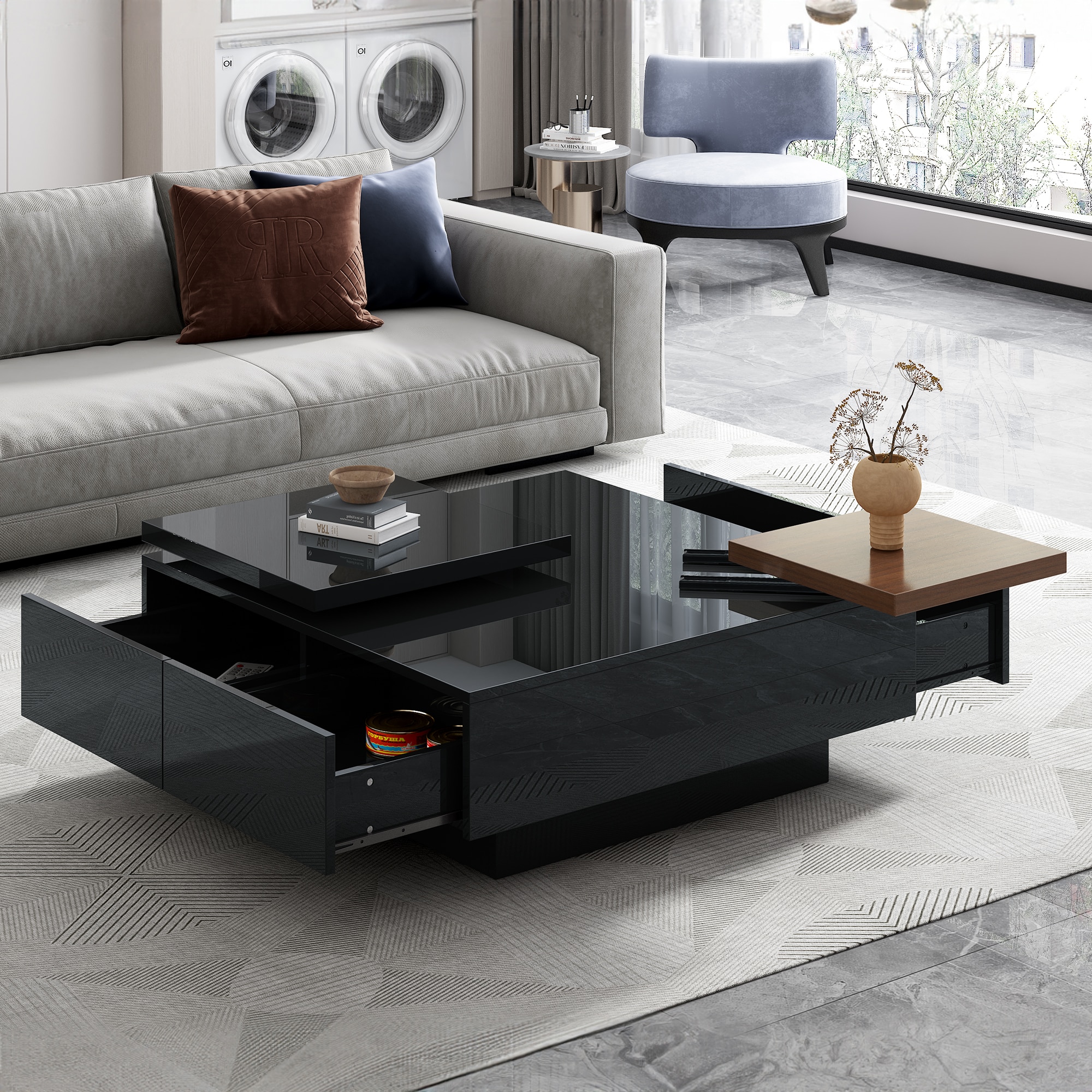 ModernLuxe L3P-WF324734AAB Movable Top Coffee Table Modern Square Wood Coffee Table with High Gloss finish 4 Hidden Storage Drawers for Living Room Date of Expected Arrival: 11.25