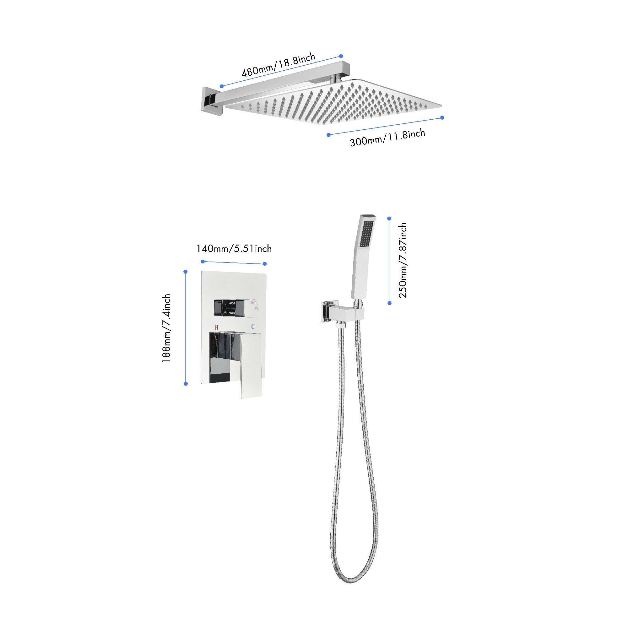 Tahanbath 1-Spray Square High Pressure 12 inch Shower Head Brass Wall ...