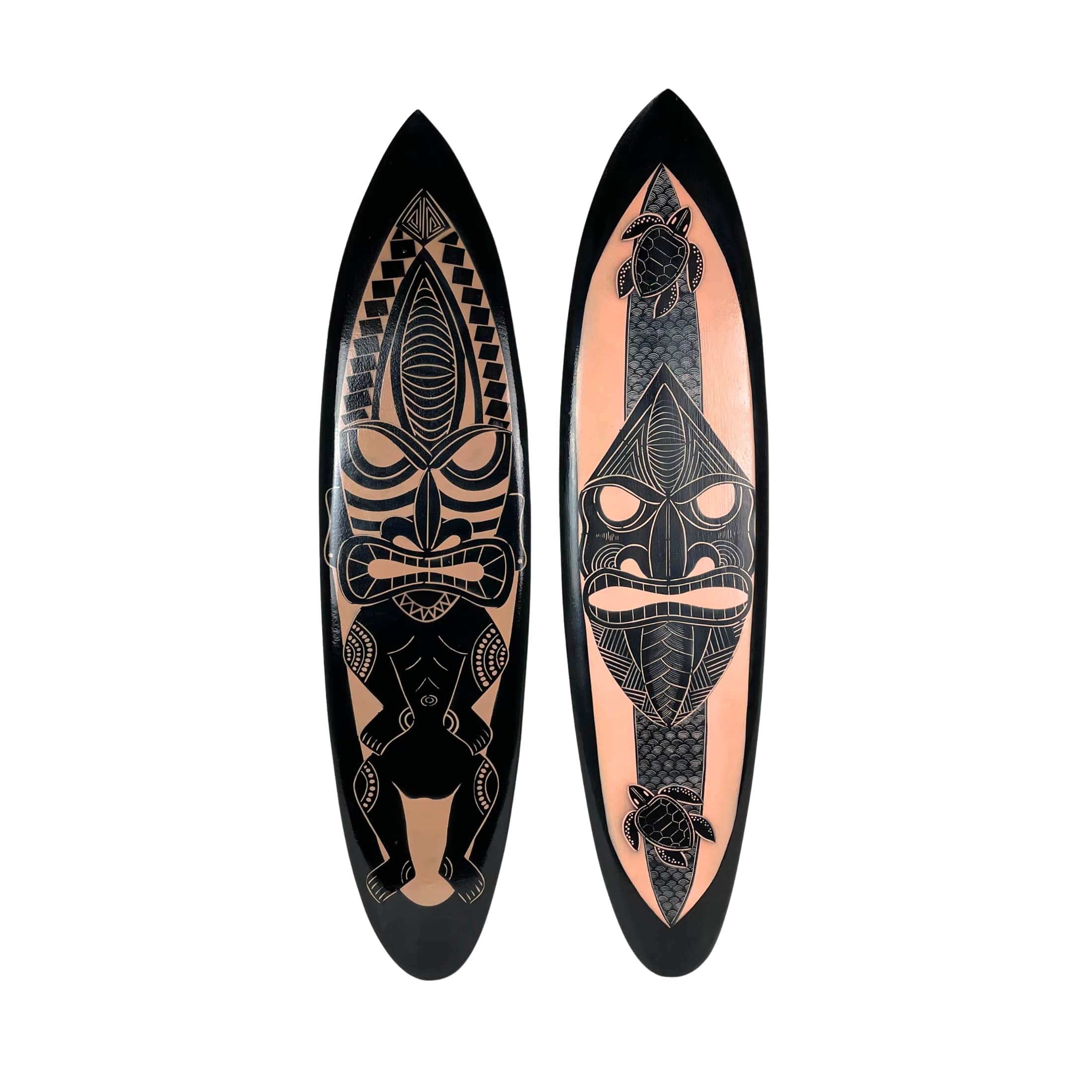 Things2Die4 JDY-24456 Decorative Set of 2 Wall-Hanging Surfboards – Hand-Carved Wood with Tiki Mask Designs – Black with Natural Brown Accents – 39 inches Long – Tropical Island Inspired Wall Art