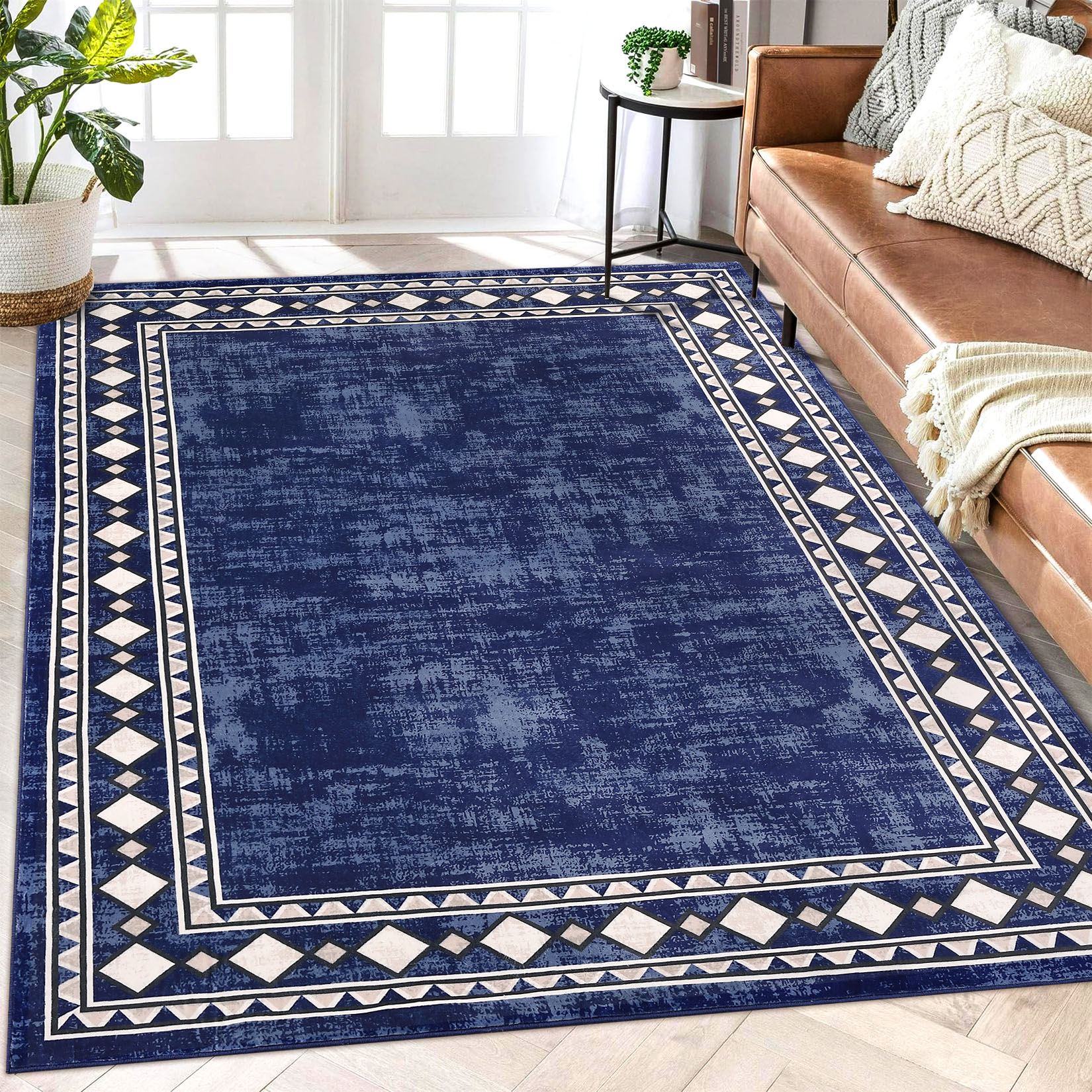 Garvee YXY-LO-PHO-0ZW72K0B 5 x 7 (ft) Synthetic Blue Rectangular Indoor Border Mid-Century Modern Machine washable Area rug