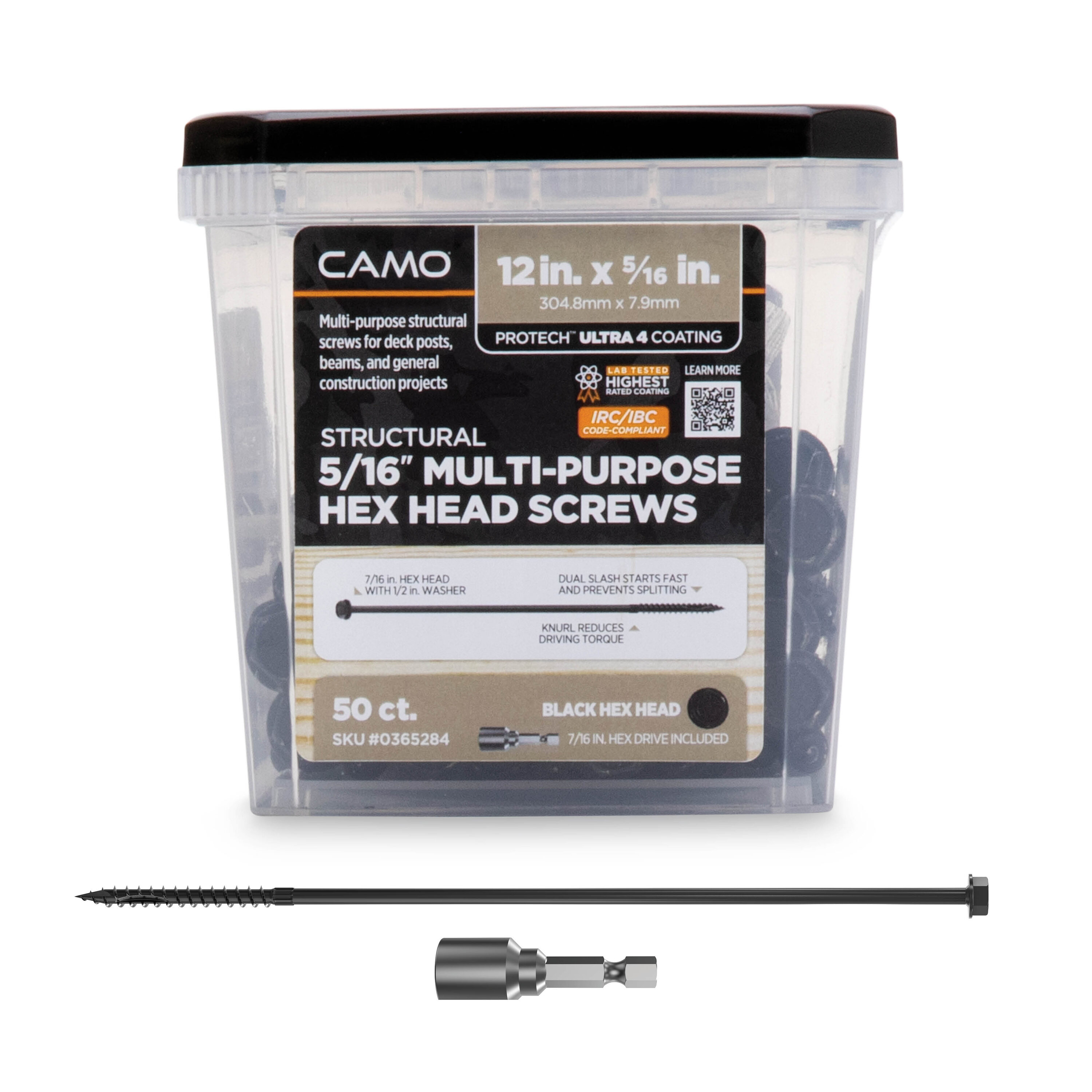CAMO 0365284 5/16-in x 12-in Black Polymer Hex -Head Exterior Structural wood screws 50 -Pack