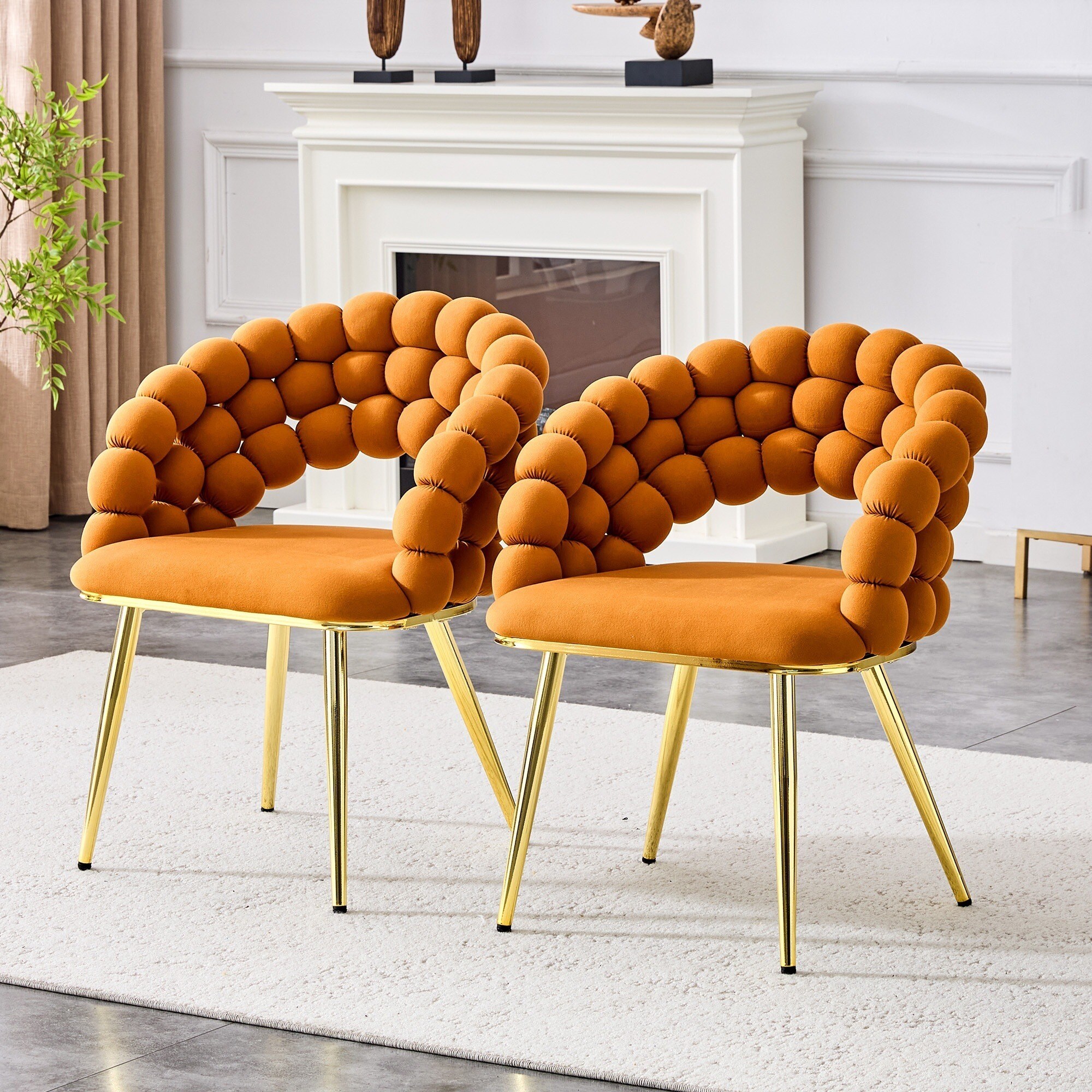 UOI Set of 2 Orange Velvet Puffy Bubble Ball Chain Dining Chairs with ...