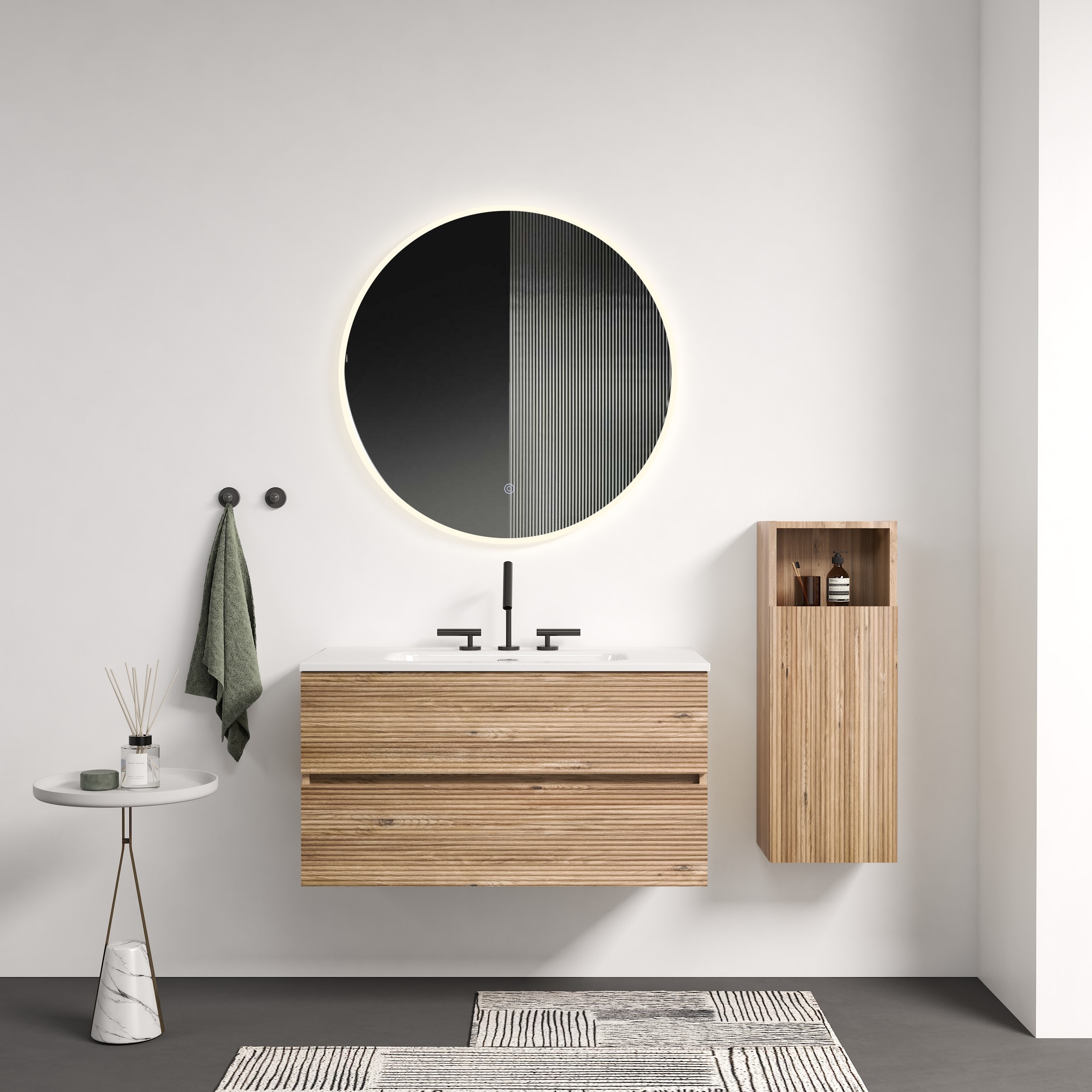 Tahanbath 36 Inches Wall Mounted Rough Oak and Rough Oak Bathroom Vanity with Integrated Ceramic Sink with Overflow with 3 holes Large Storage Floating Bathroom Vanity for Modern Bathroom and KD