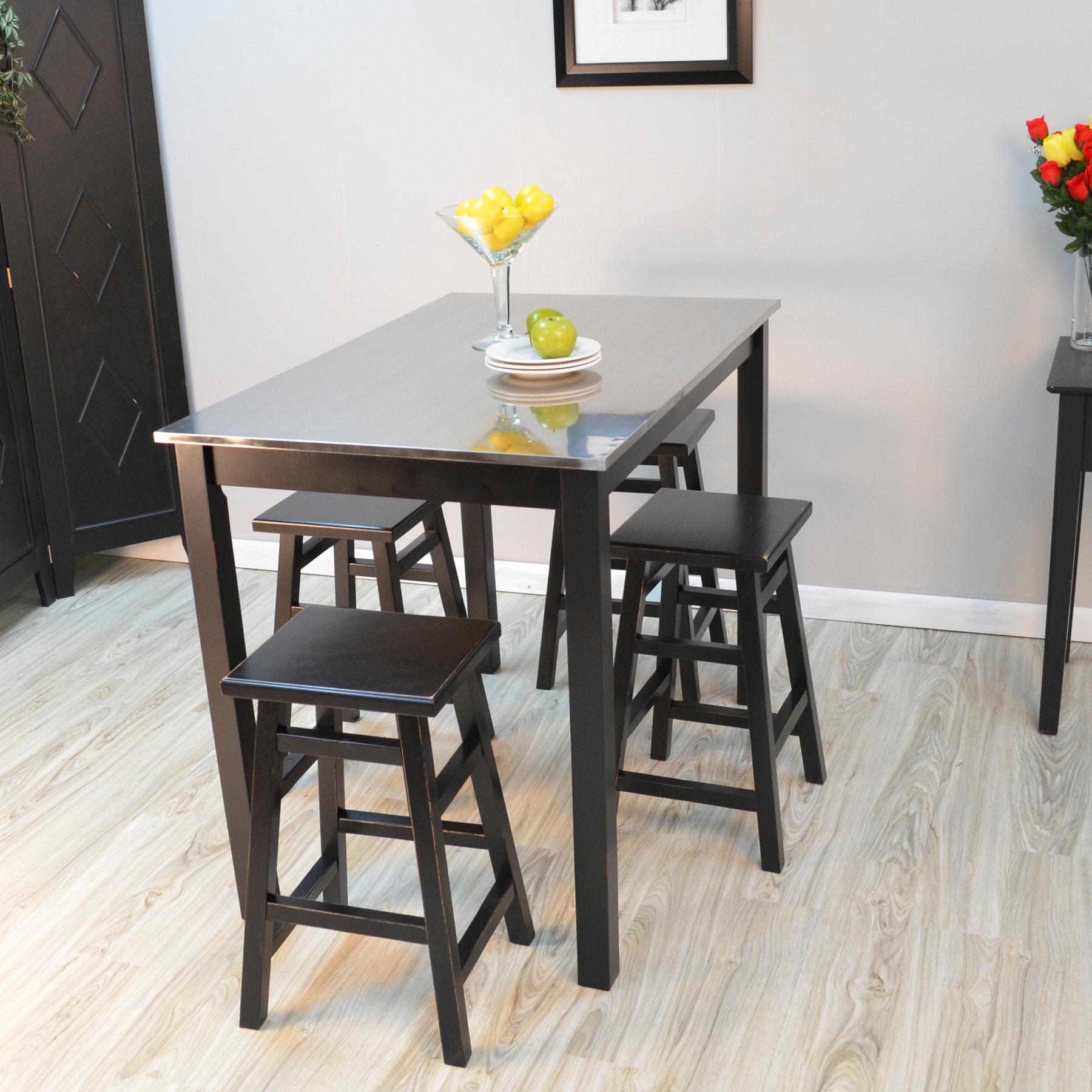 Martin Black Wood Counter Height Table with Stainless Steel Top