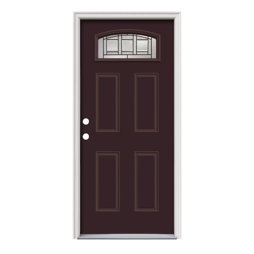JELD-WEN LOWOLJW167600393 Craftsman 36-in x 80-in x 4-9/16-in Steel 1/4 lite Right-hand inswing Currant Painted Prehung Front Door with Brickmould Insulating core