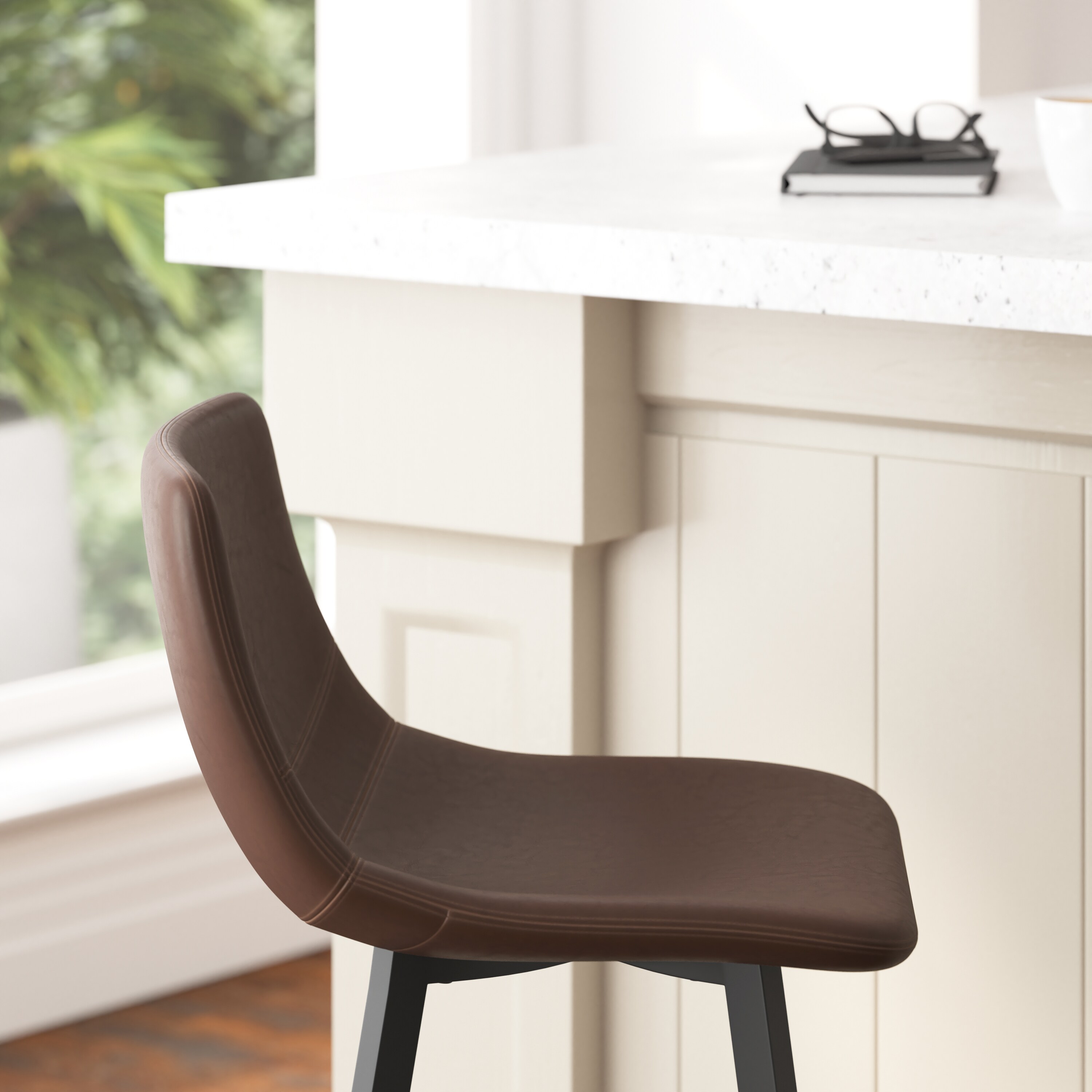 Chocolate Brown Faux Leather Counter Stools with Metal Frame, Set of 2