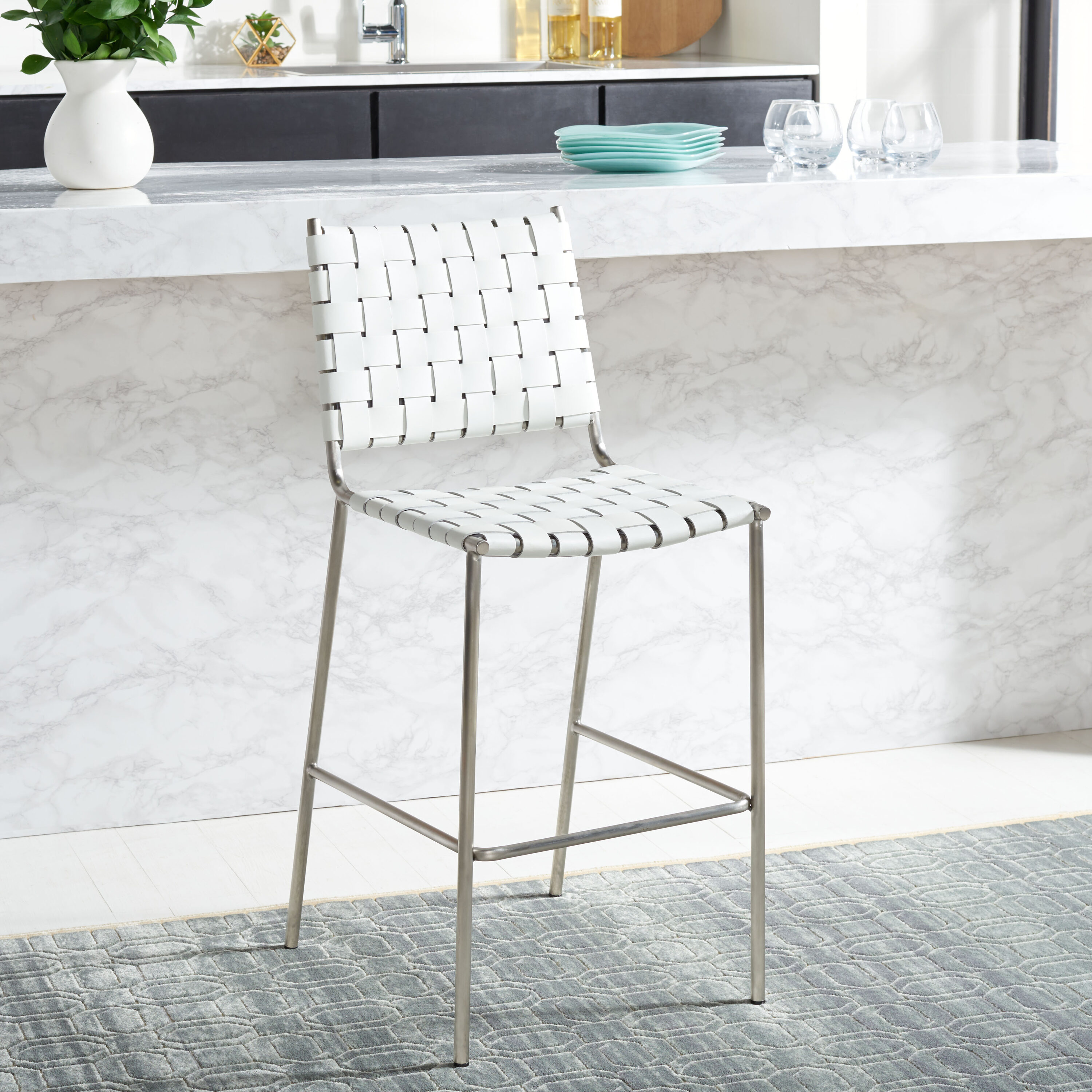 Saddle Style Woven White Leather Counter Stool with Silver Metal Base