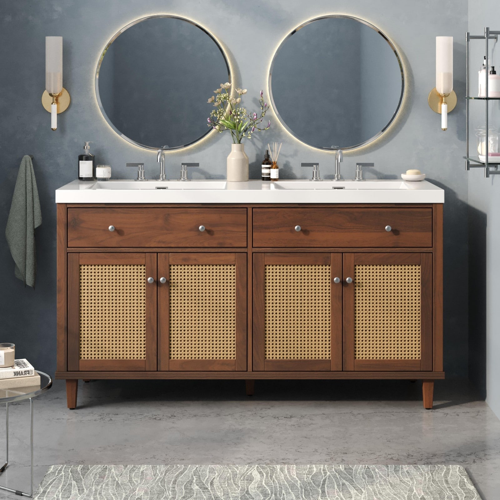GlasFlength  60-Inch Bathroom Vanity with Double Sink Large Storage Space with 2 Flip-Out Drawers and 4 Soft Closing Doors Space Saving Vanity Unit for Bathroom Powder Room Brown
