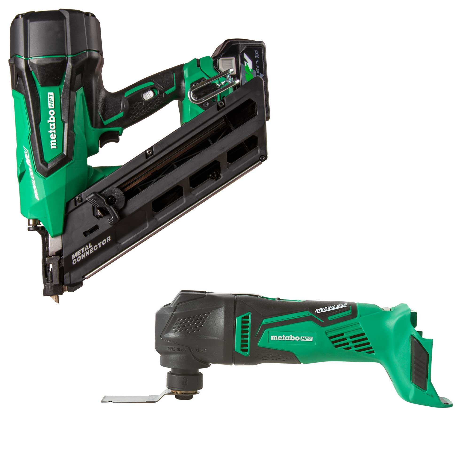 Metabo HPT MultiVolt 36-Volt Cordless Metal-Connecting Nailer with Brushless 18-volt Variable Speed Oscillating Multi-Tool Kit
