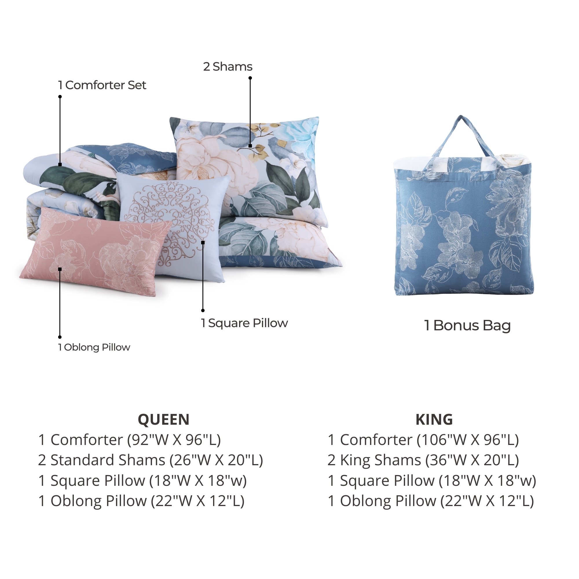 Sky Blue Floral Cotton Queen Reversible Comforter Set
