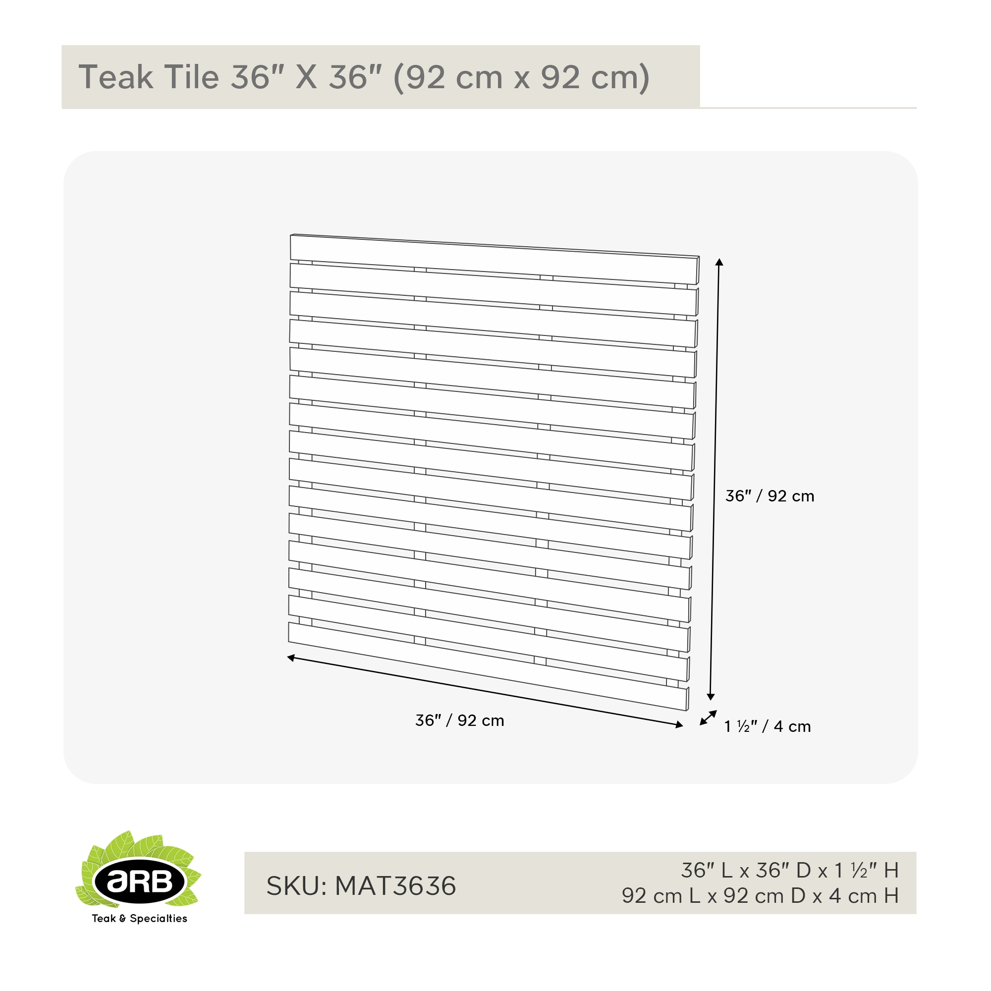 ARB 36" x 36" Natural Teak Shower Mat