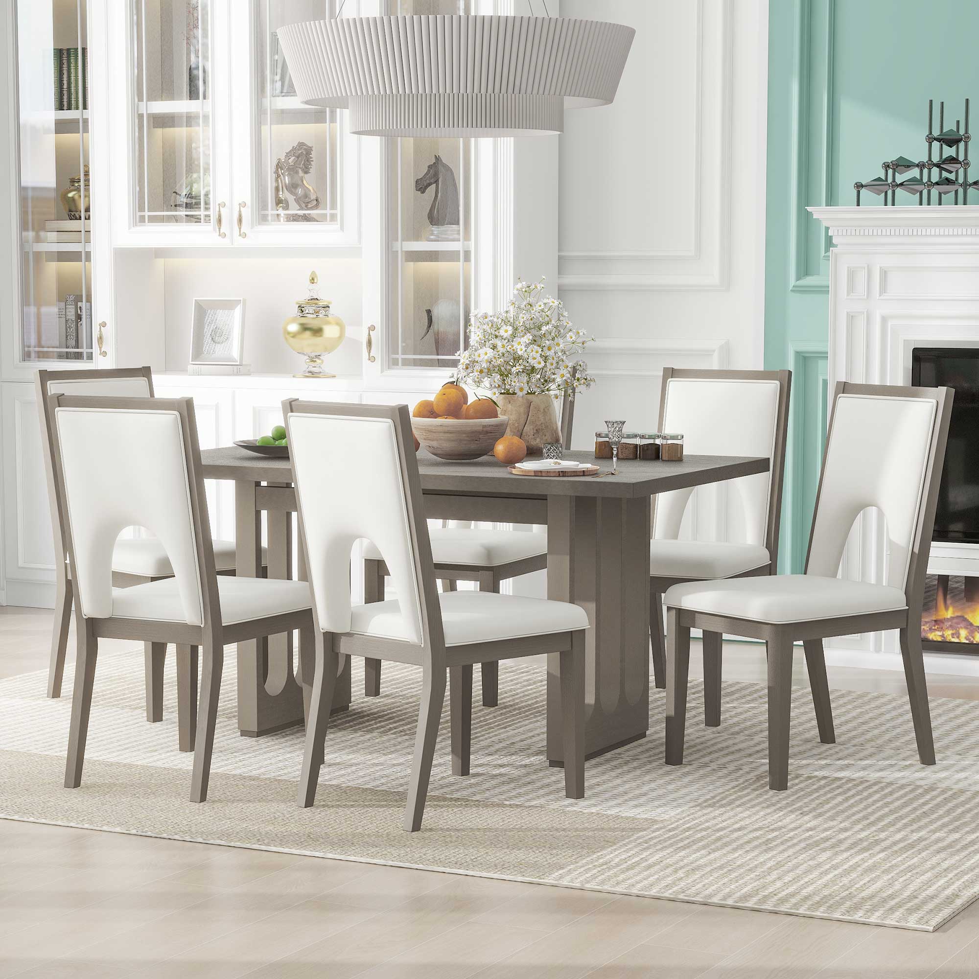 Mondawe OR-S0060E-TR (Grey+Beige) Rustic Dining Room Set with Rectangular Table (Seats 6)