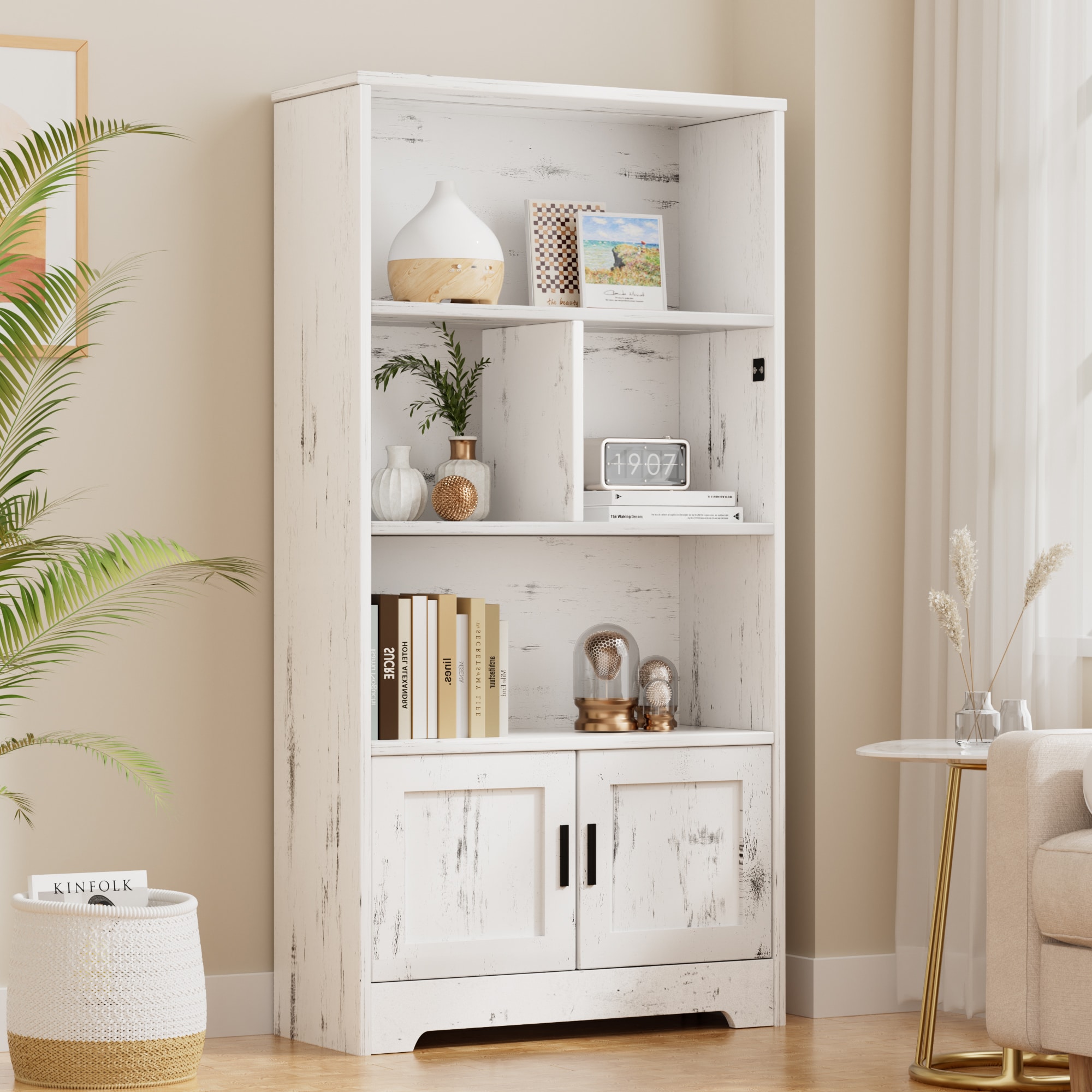 Assile 27.9 in L x 12 in W x 57.8 in H White Wood Bookcase with Doors ...