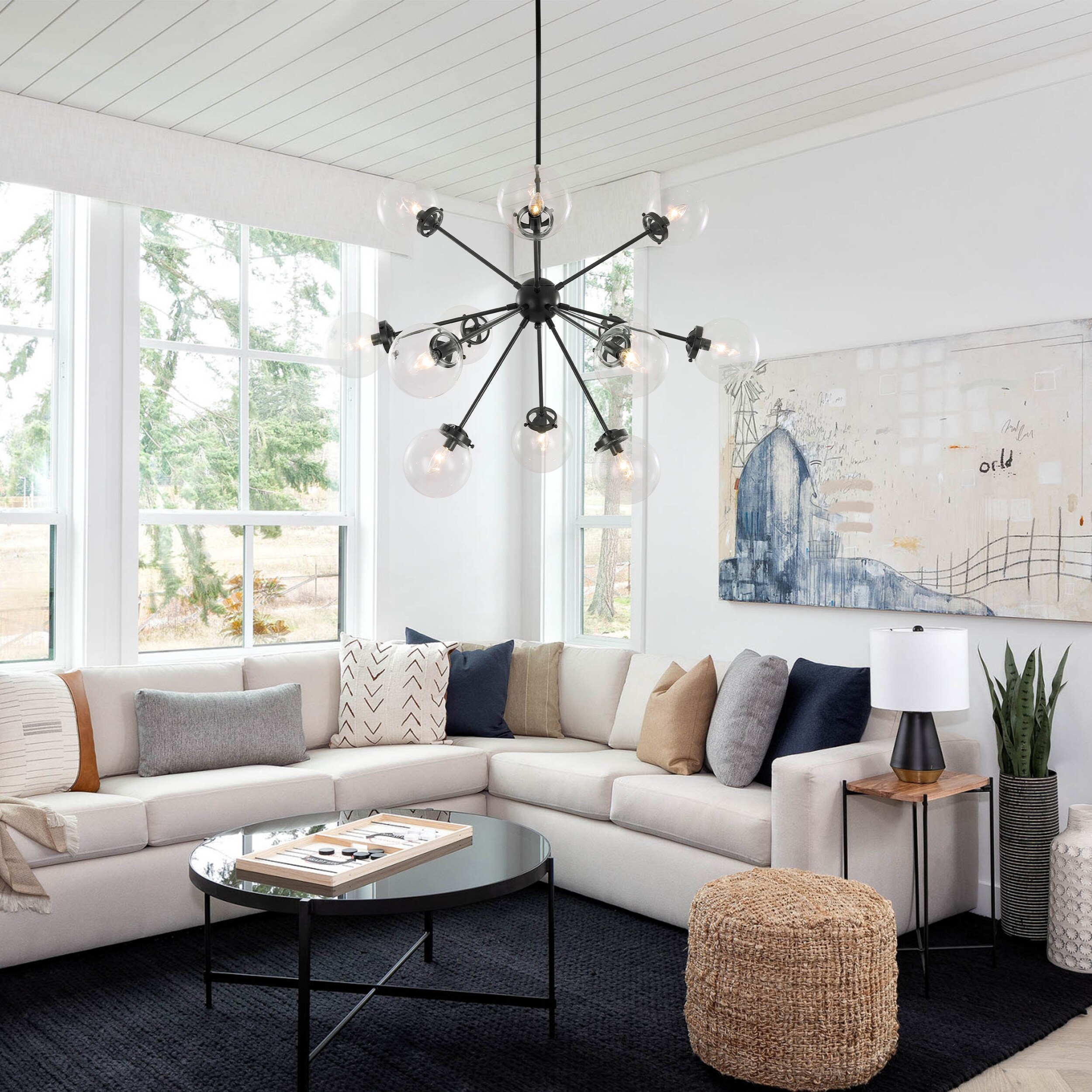 Matte Black 12-Light Sputnik Chandelier with Glass Globes