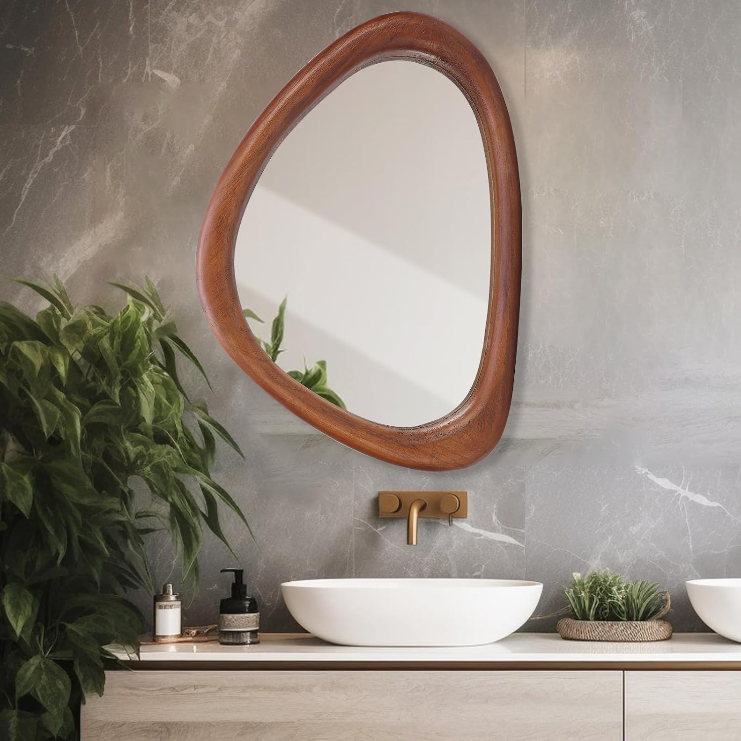 Fredees 30 x 20 Inch Asymmetrical Irregular Wall Mirror with Wood Frame Hangs Vertically or Horizontally for Entryway Bedroom Living Room
