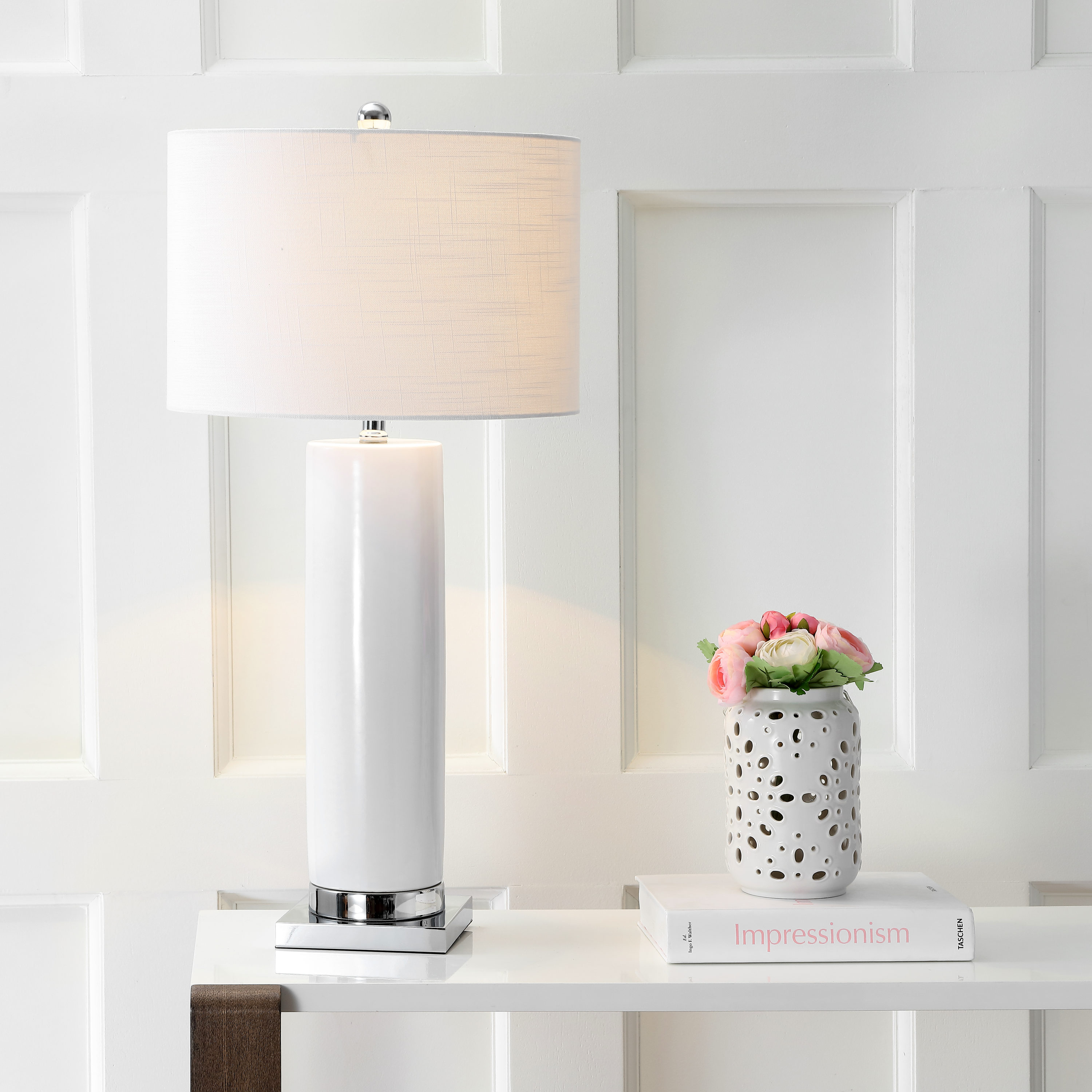 JONATHAN  Y JYL8021A Dallas Ceramic Transitional 31.5-in White/Chrome LED Incandescent Rotary socket Table Lamp with Linen Shade